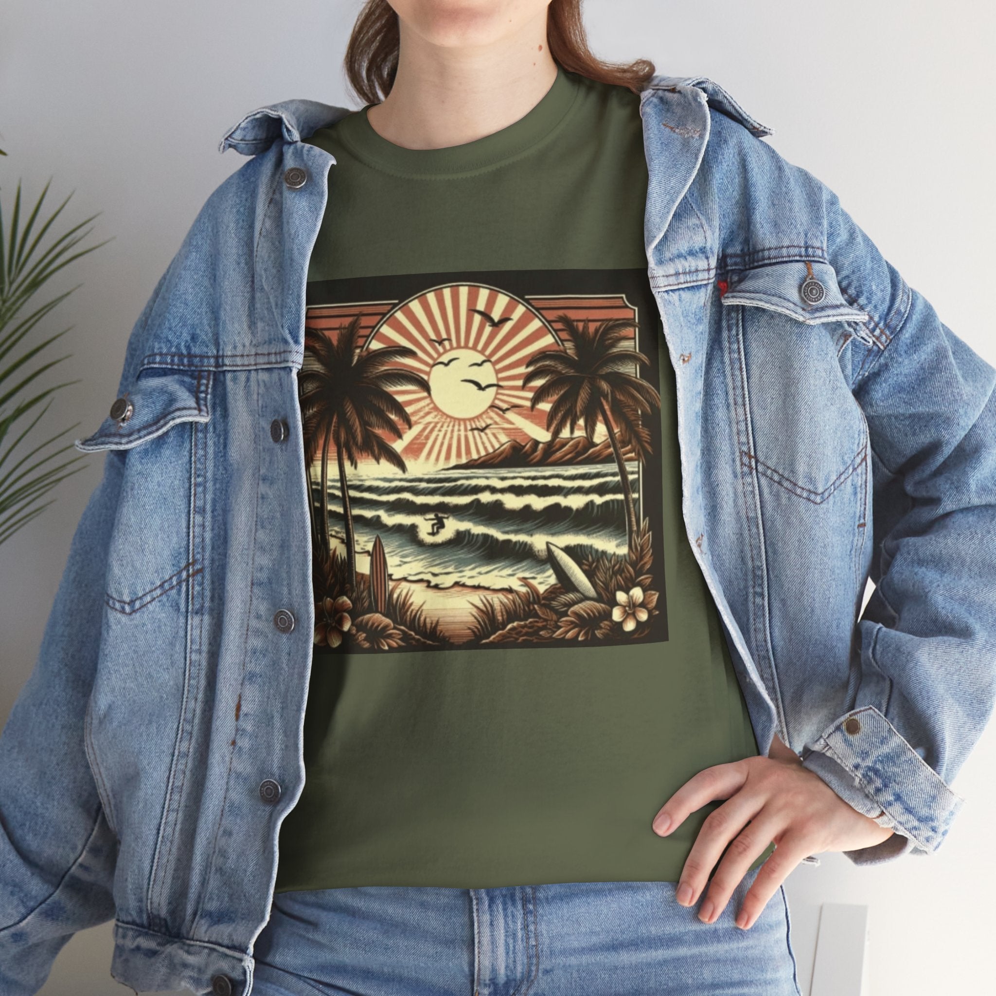 Retro Tropical Beach T-Shirt — Vintage Palm Sunset Graphic Tee