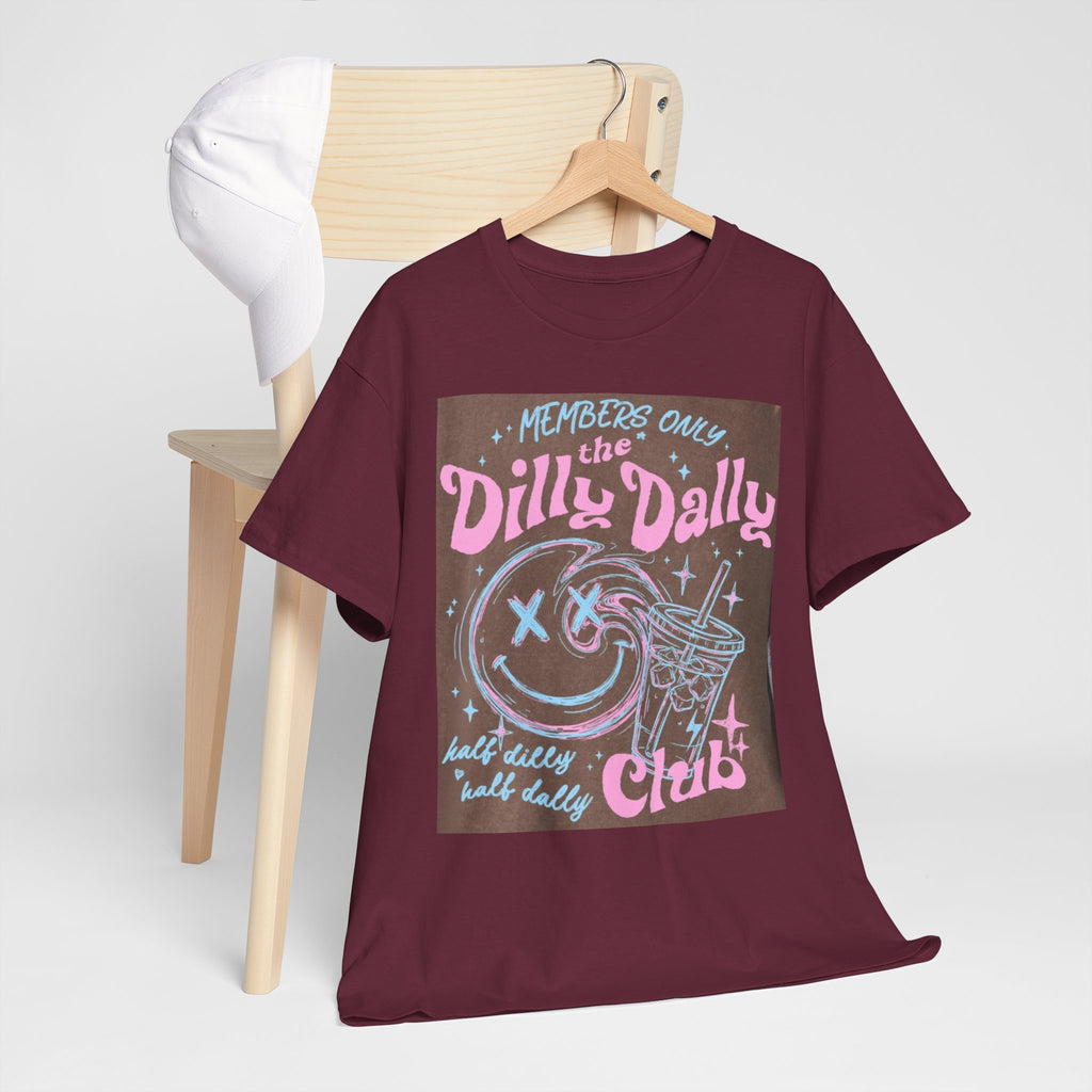 Dilly Dally Club Graphic Tee — Retro Pastel Drink & Moon Design