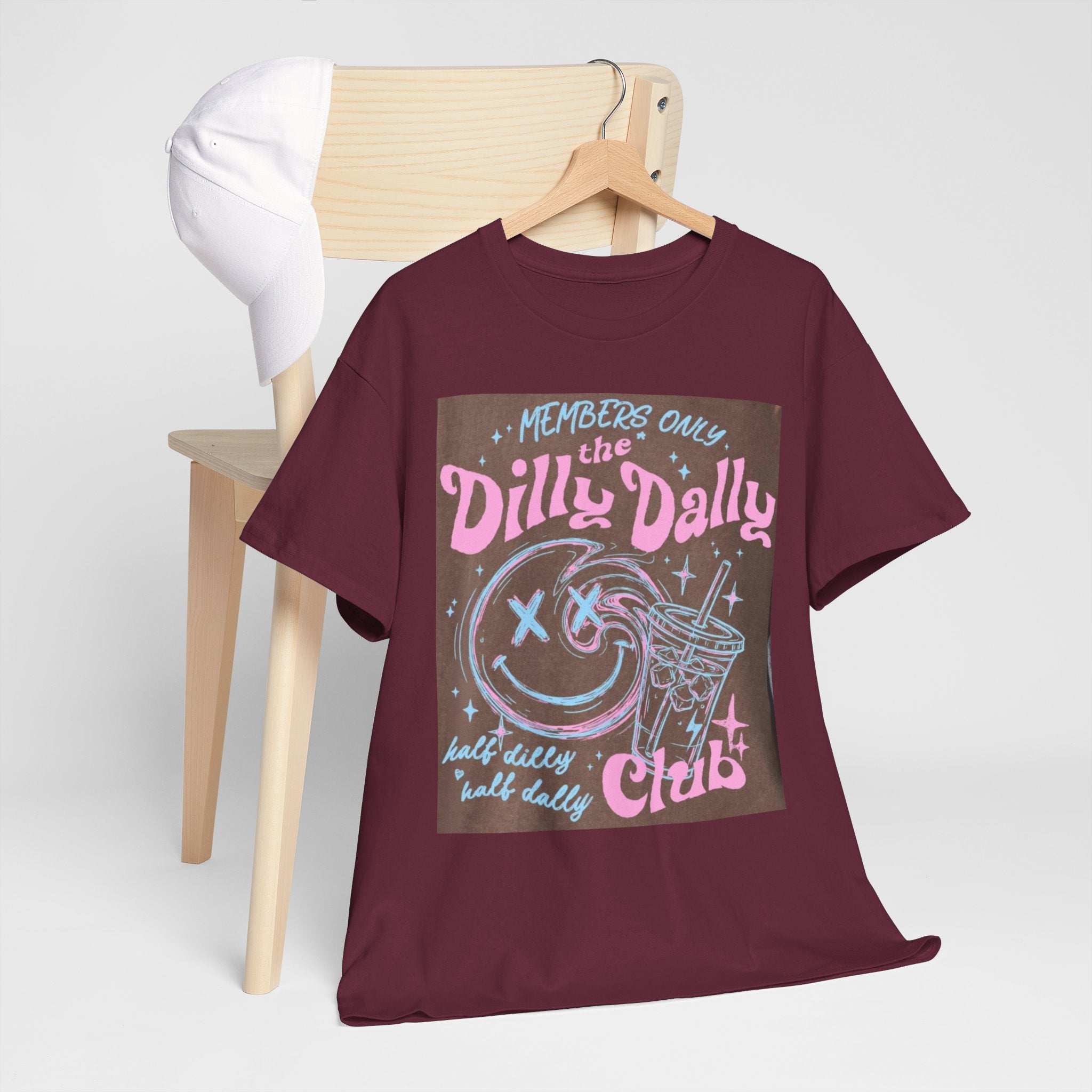 Dilly Dally Club Graphic Tee — Retro Pastel Drink & Moon Design