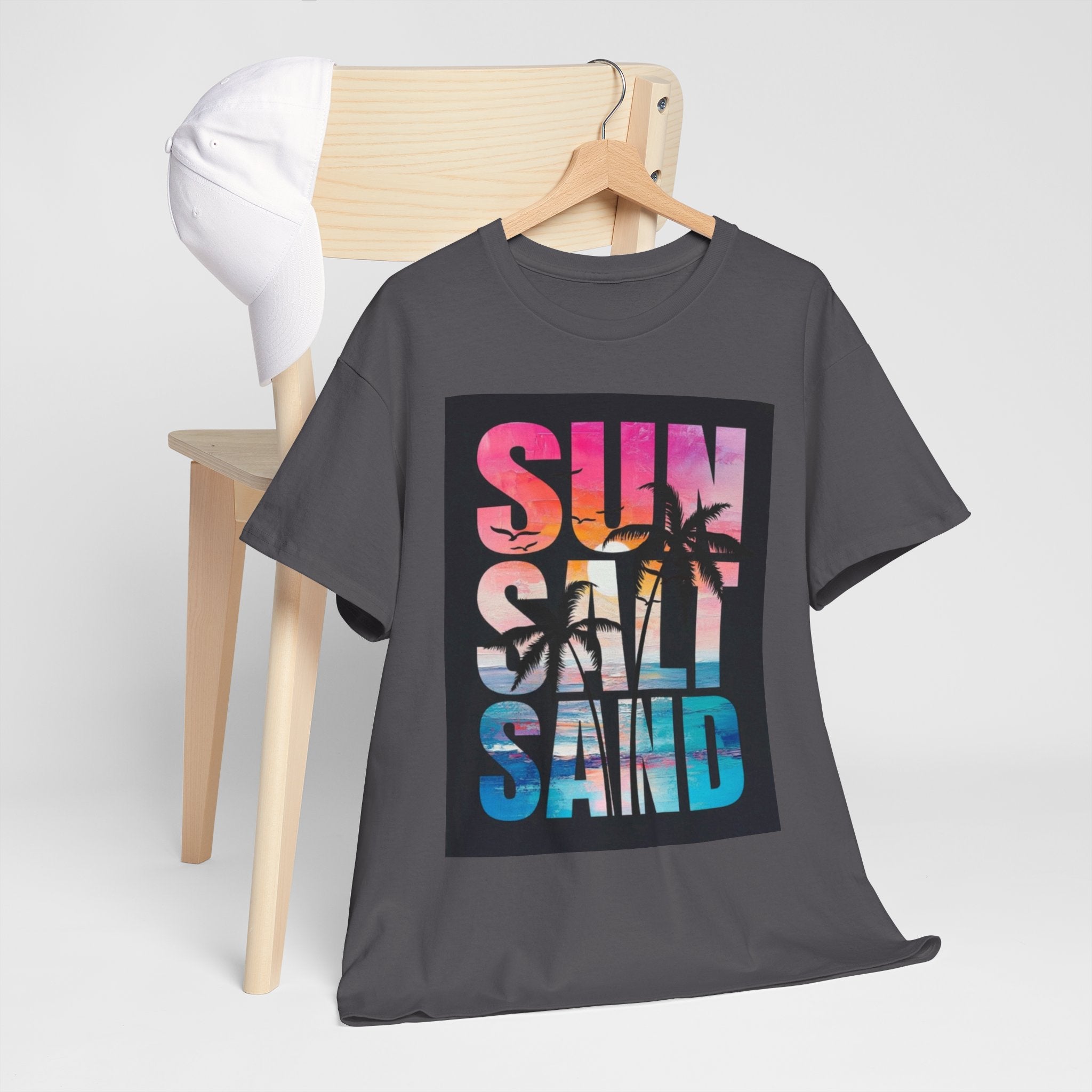 Sun Salt Sand Beach T-Shirt — Tropical Palm Sunset Graphic Tee