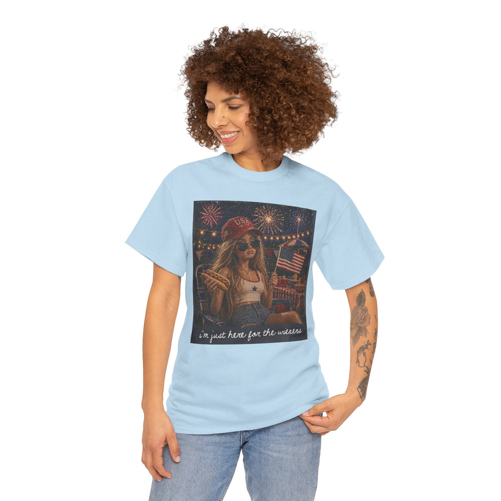 Patriotic Girl Graphic Tee — "I'm Just Here for the Fireworks" 4th of July Shirt