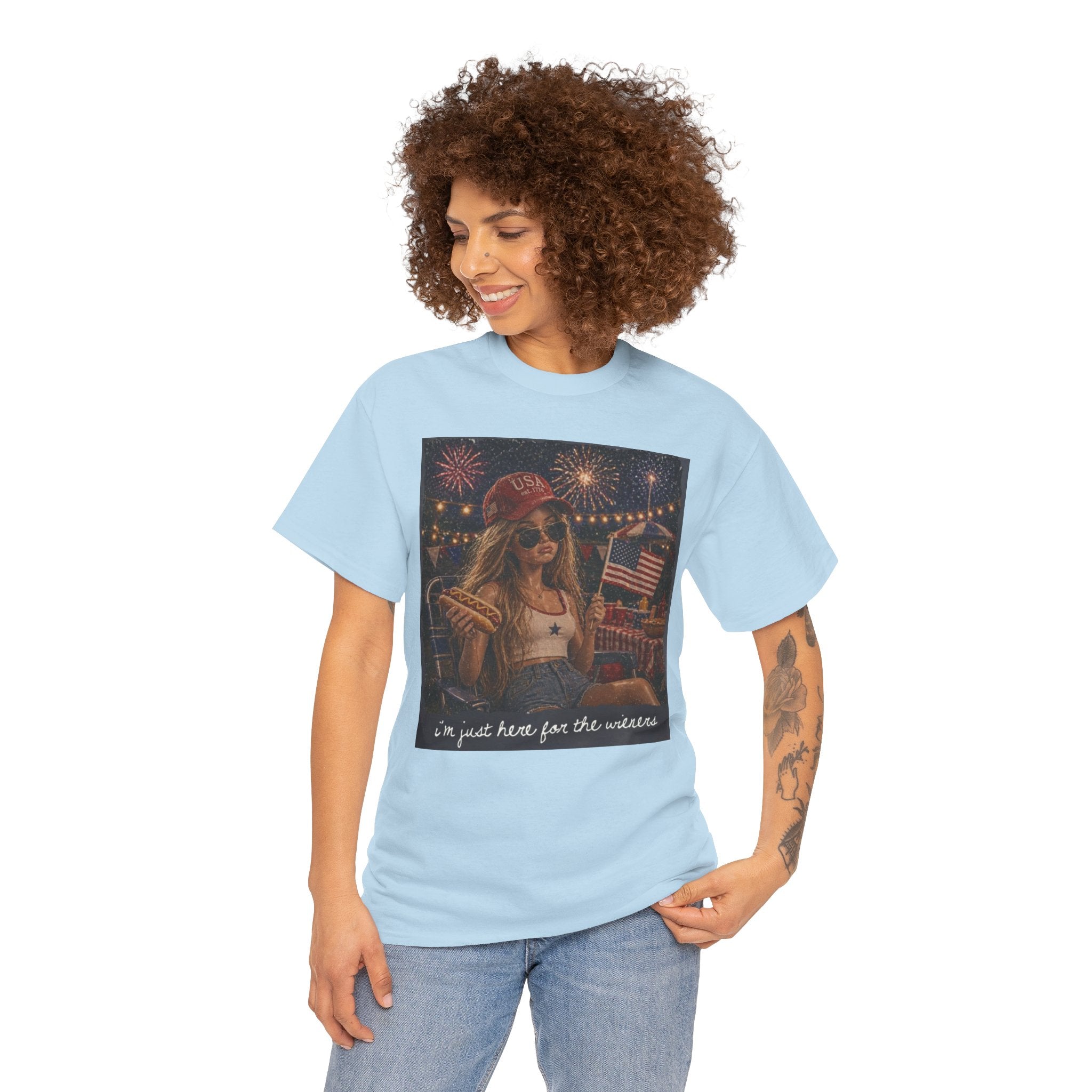 Patriotic Girl Graphic Tee — "I'm Just Here for the Fireworks" 4th of July Shirt