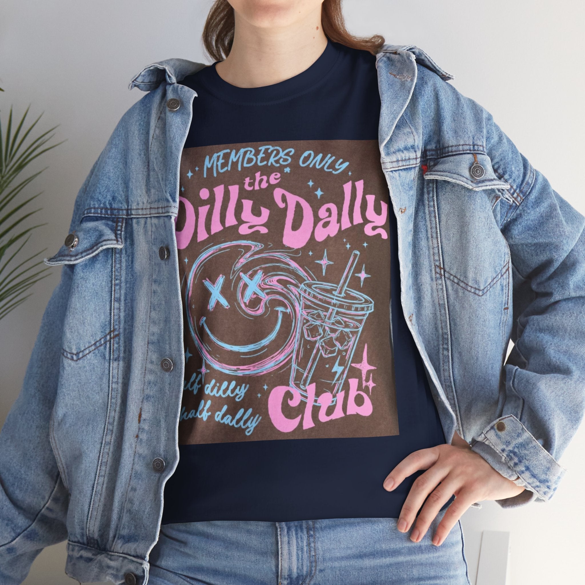 Dilly Dally Club Graphic Tee — Retro Pastel Drink & Moon Design