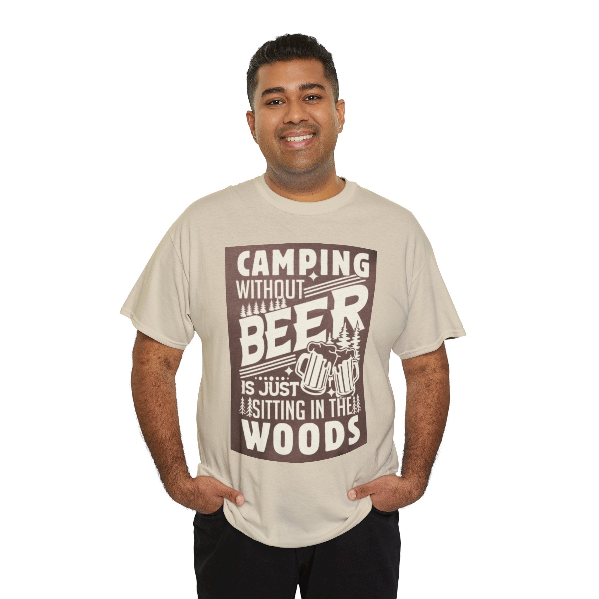Camping Beer T-Shirt — "Camping Without Beer Is Just Sitting in the Woods" Outdoor Campfire Tee