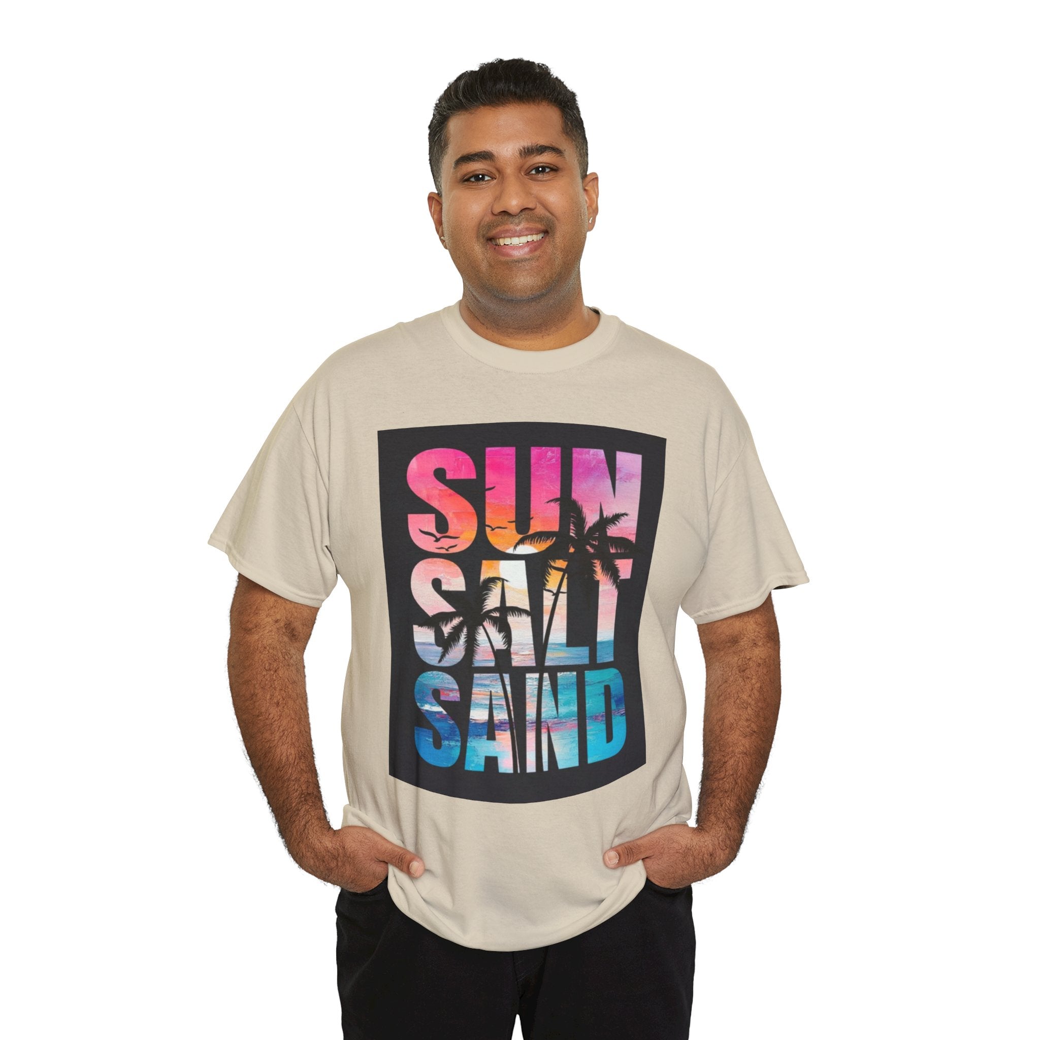 Sun Salt Sand Beach T-Shirt — Tropical Palm Sunset Graphic Tee