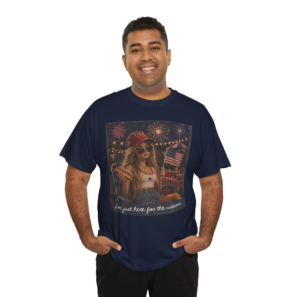 Patriotic Girl Graphic Tee — "I'm Just Here for the Fireworks" 4th of July Shirt