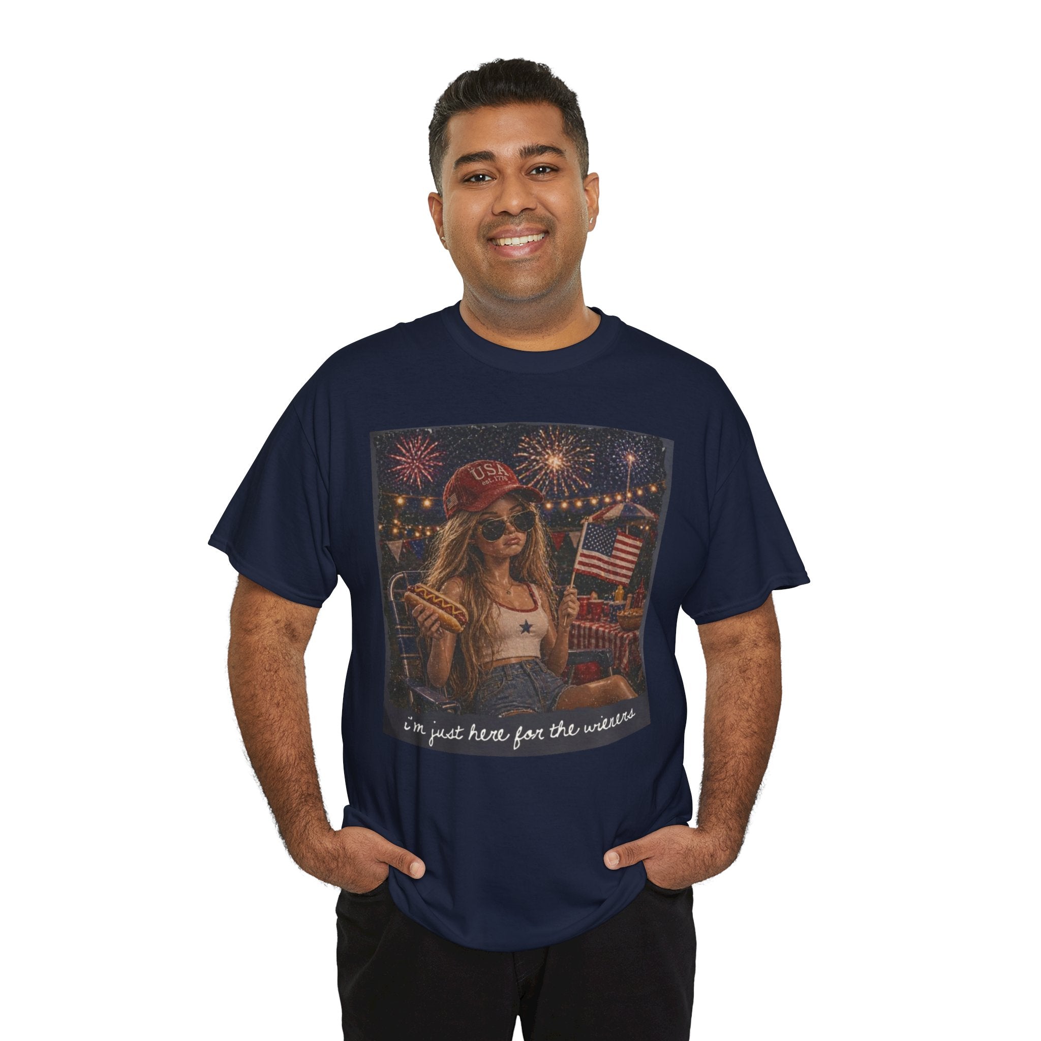 Patriotic Girl Graphic Tee — "I'm Just Here for the Fireworks" 4th of July Shirt