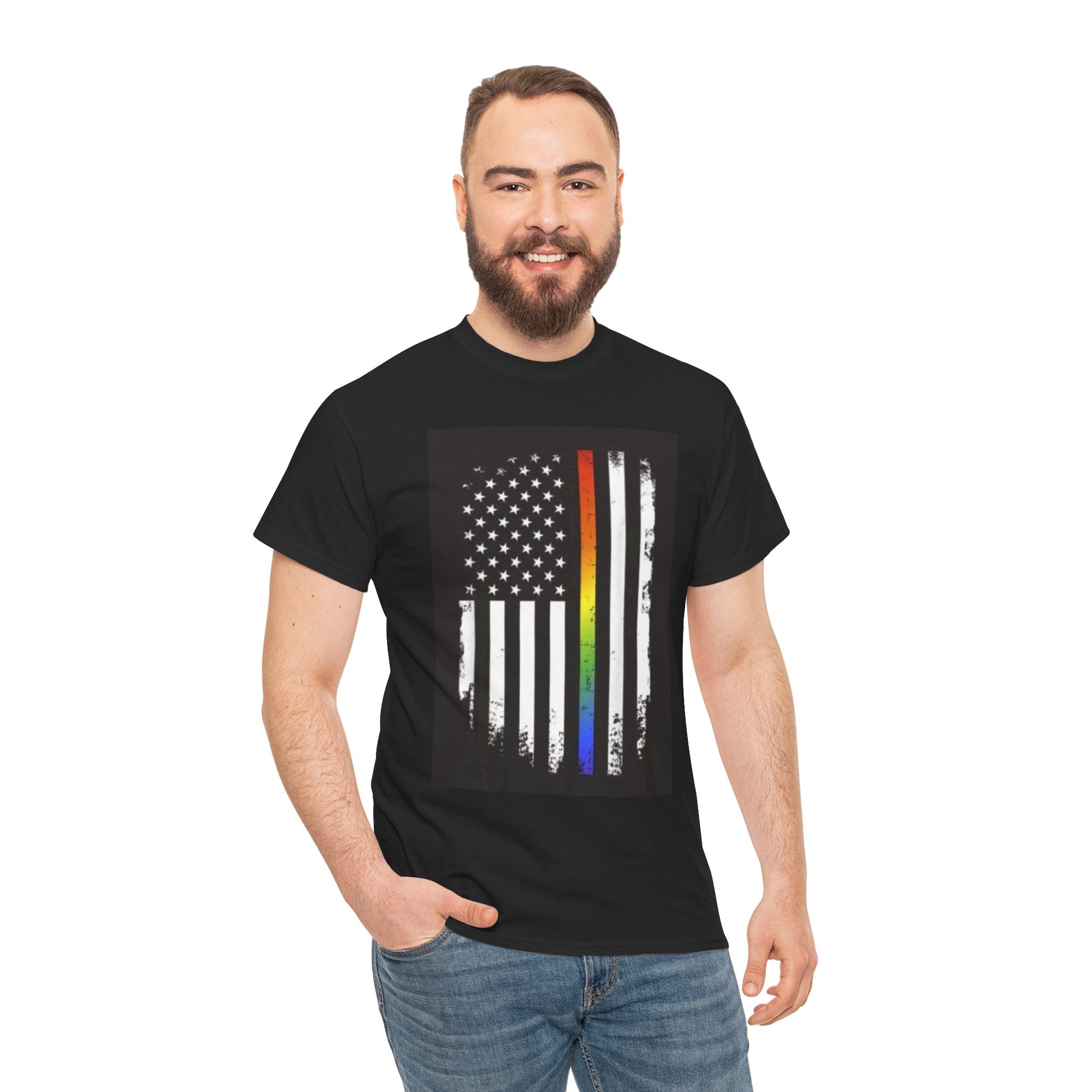 LGBTQ+ Pride Flag T‑Shirt — Distressed American Flag with Rainbow Stripe