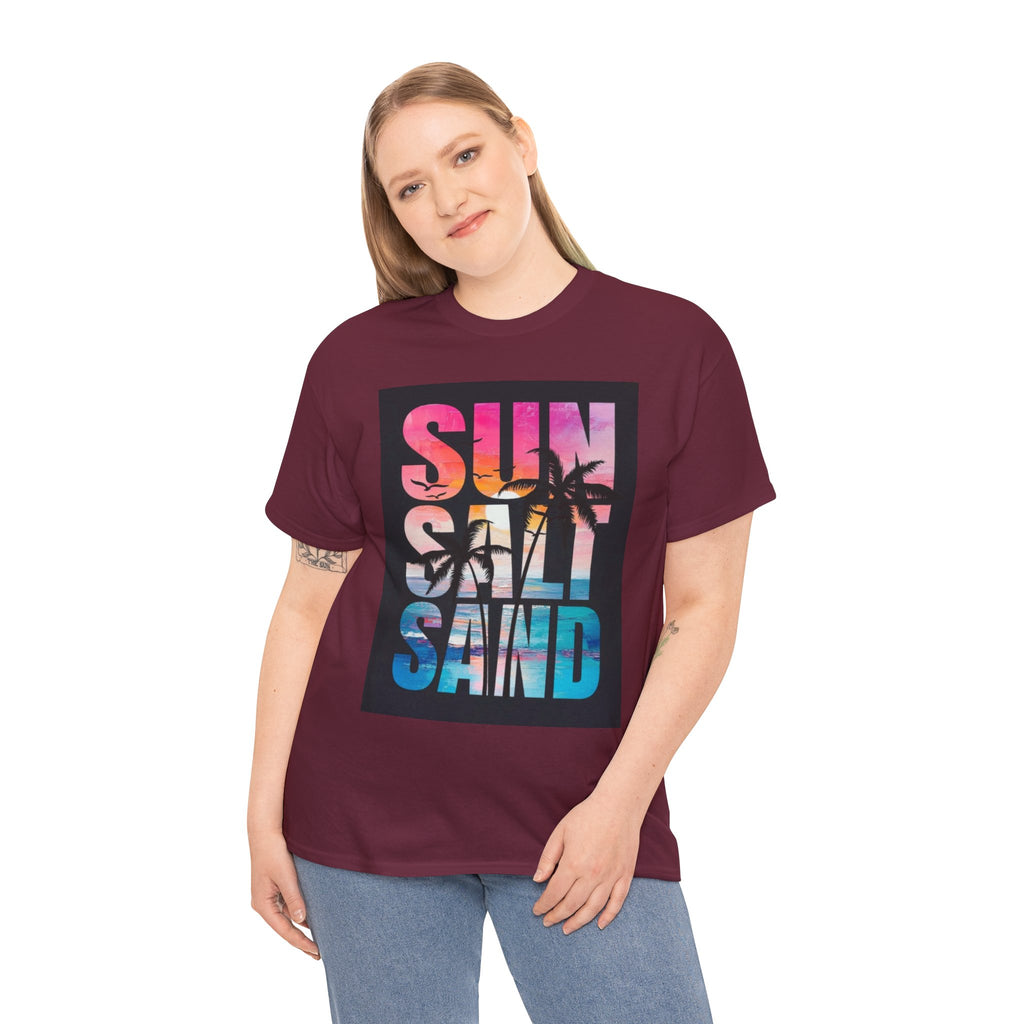 Sun Salt Sand Beach T-Shirt — Tropical Palm Sunset Graphic Tee