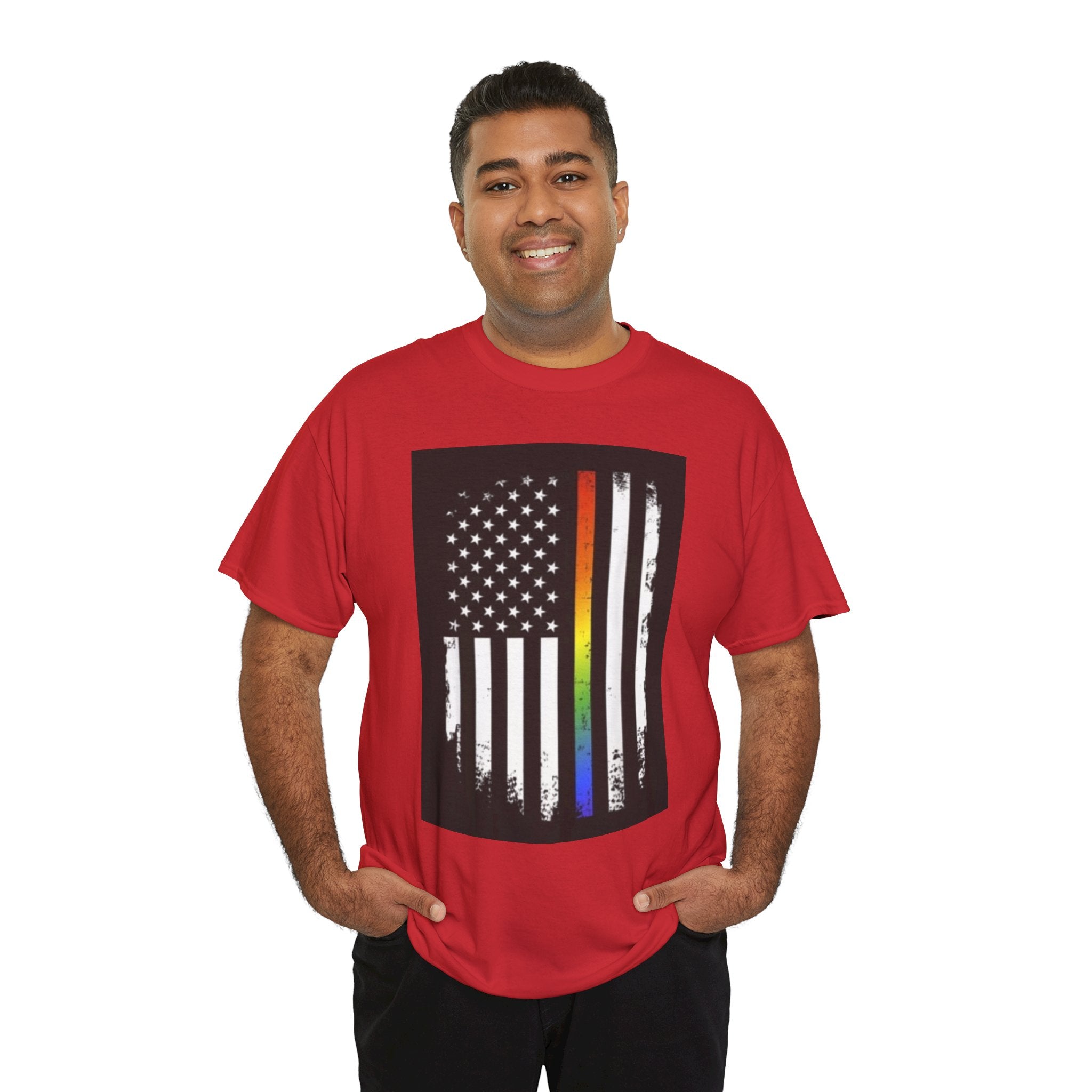 LGBTQ+ Pride Flag T‑Shirt — Distressed American Flag with Rainbow Stripe