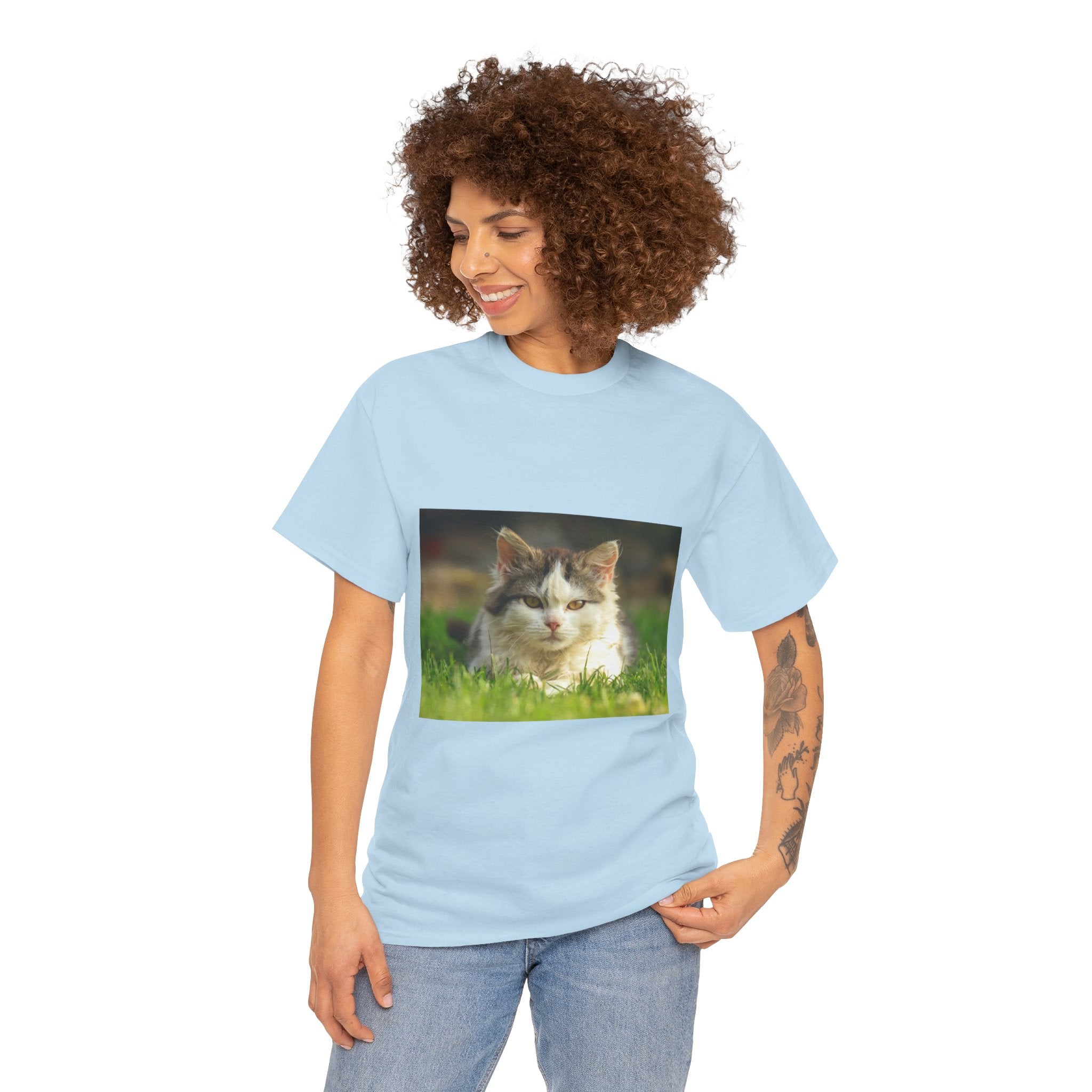 Cat Photo Tee — Relaxed Cat Lying in Grass T-Shirt