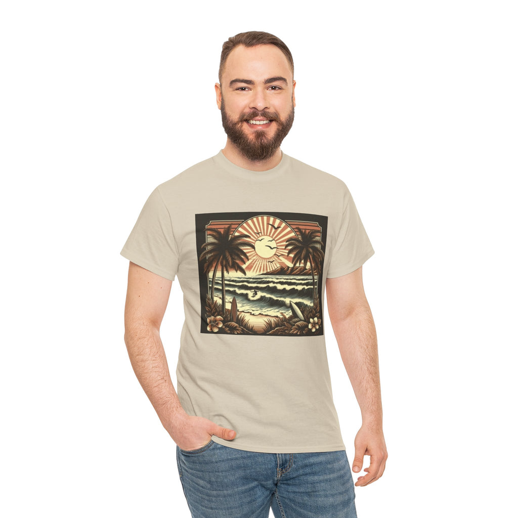 Retro Tropical Beach T-Shirt — Vintage Palm Sunset Graphic Tee