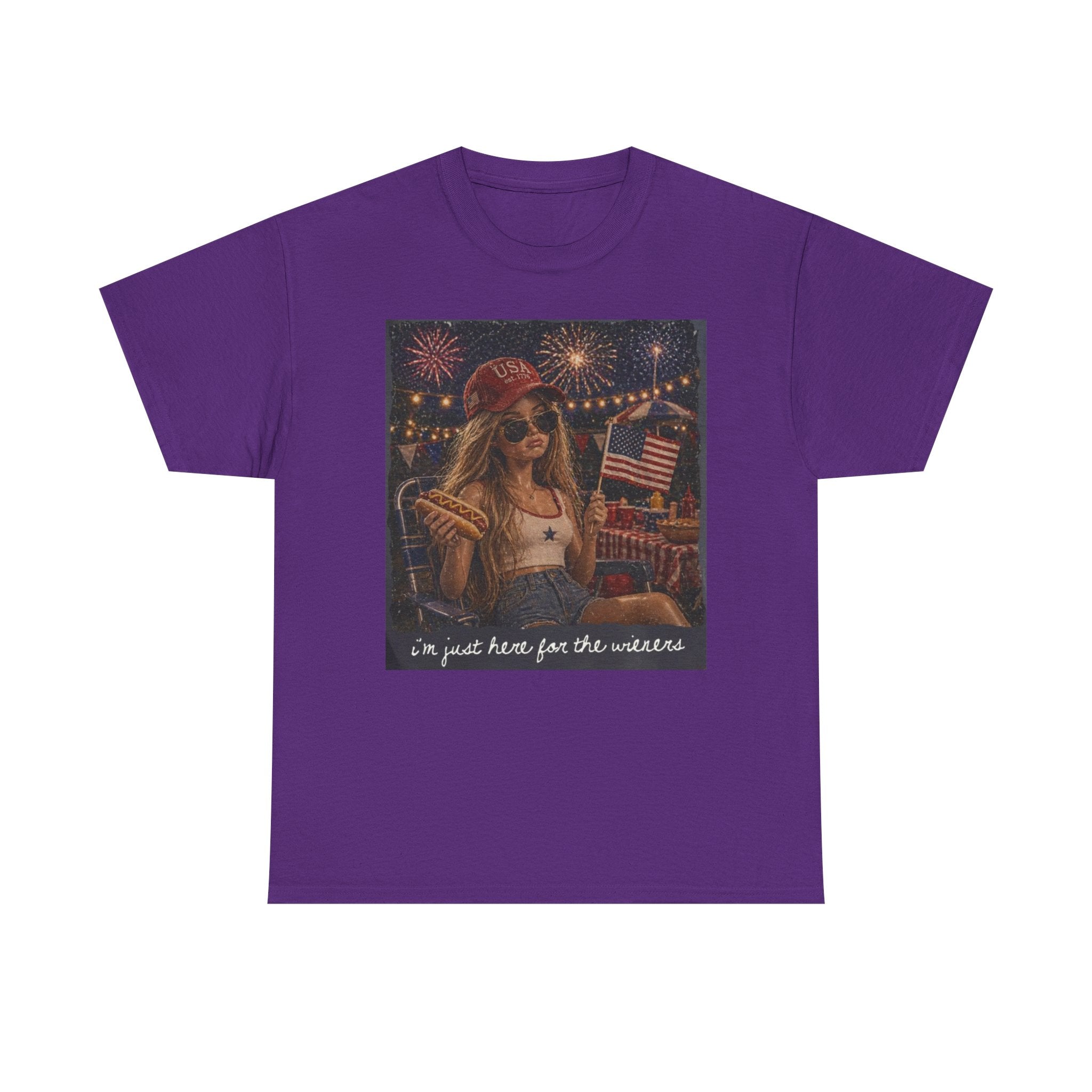 Patriotic Girl Graphic Tee — "I'm Just Here for the Fireworks" 4th of July Shirt