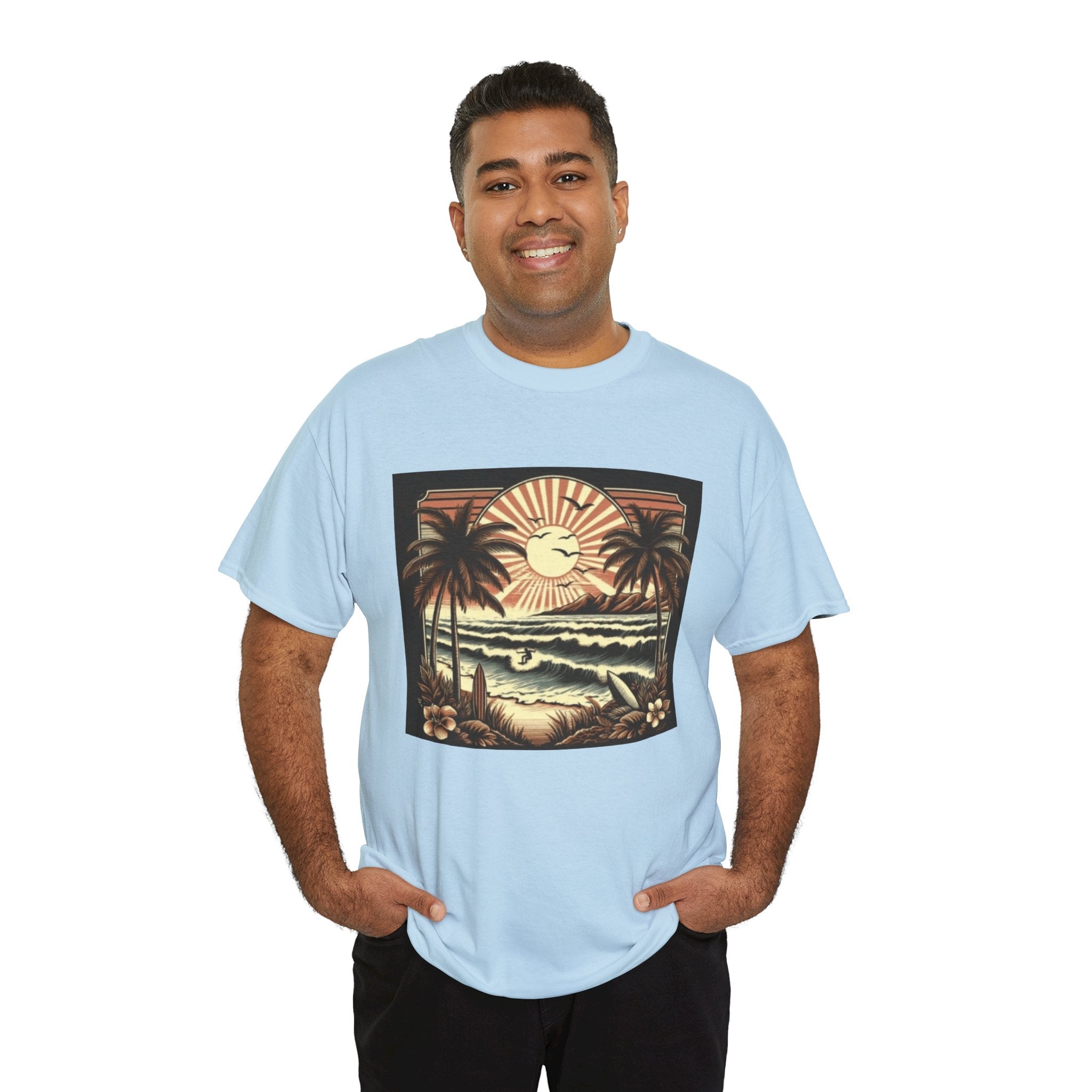 Retro Tropical Beach T-Shirt — Vintage Palm Sunset Graphic Tee