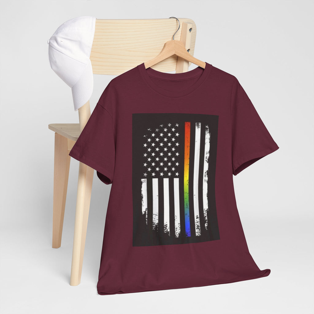 LGBTQ+ Pride Flag T‑Shirt — Distressed American Flag with Rainbow Stripe
