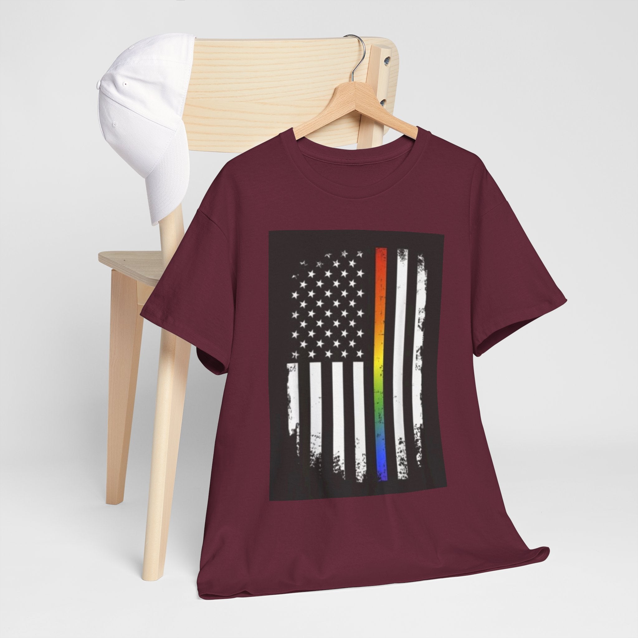 LGBTQ+ Pride Flag T‑Shirt — Distressed American Flag with Rainbow Stripe