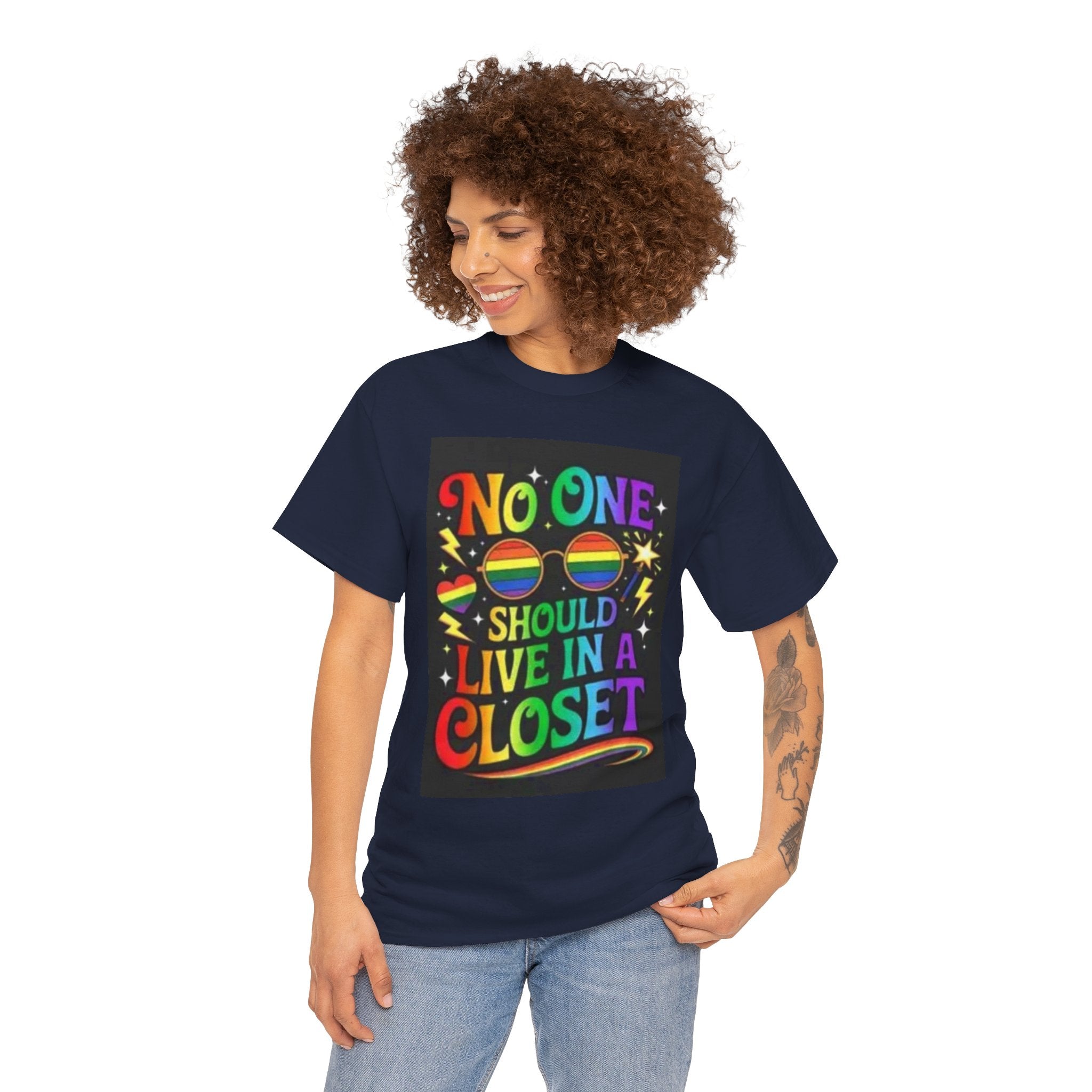 T‑Shirt — "No One Should Live in a Closet" Rainbow Pride Tee