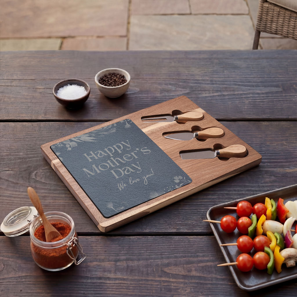 Engraved Mother's Day Charcuterie Board Set — Bamboo Cheese Board with Slate Inlay & Cheese Knives