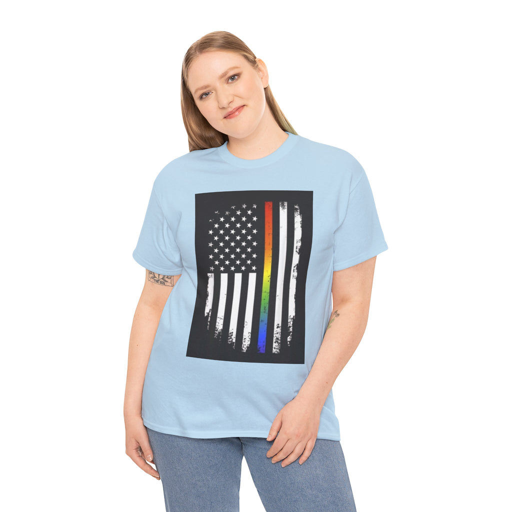 LGBTQ+ Pride Flag T‑Shirt — Distressed American Flag with Rainbow Stripe