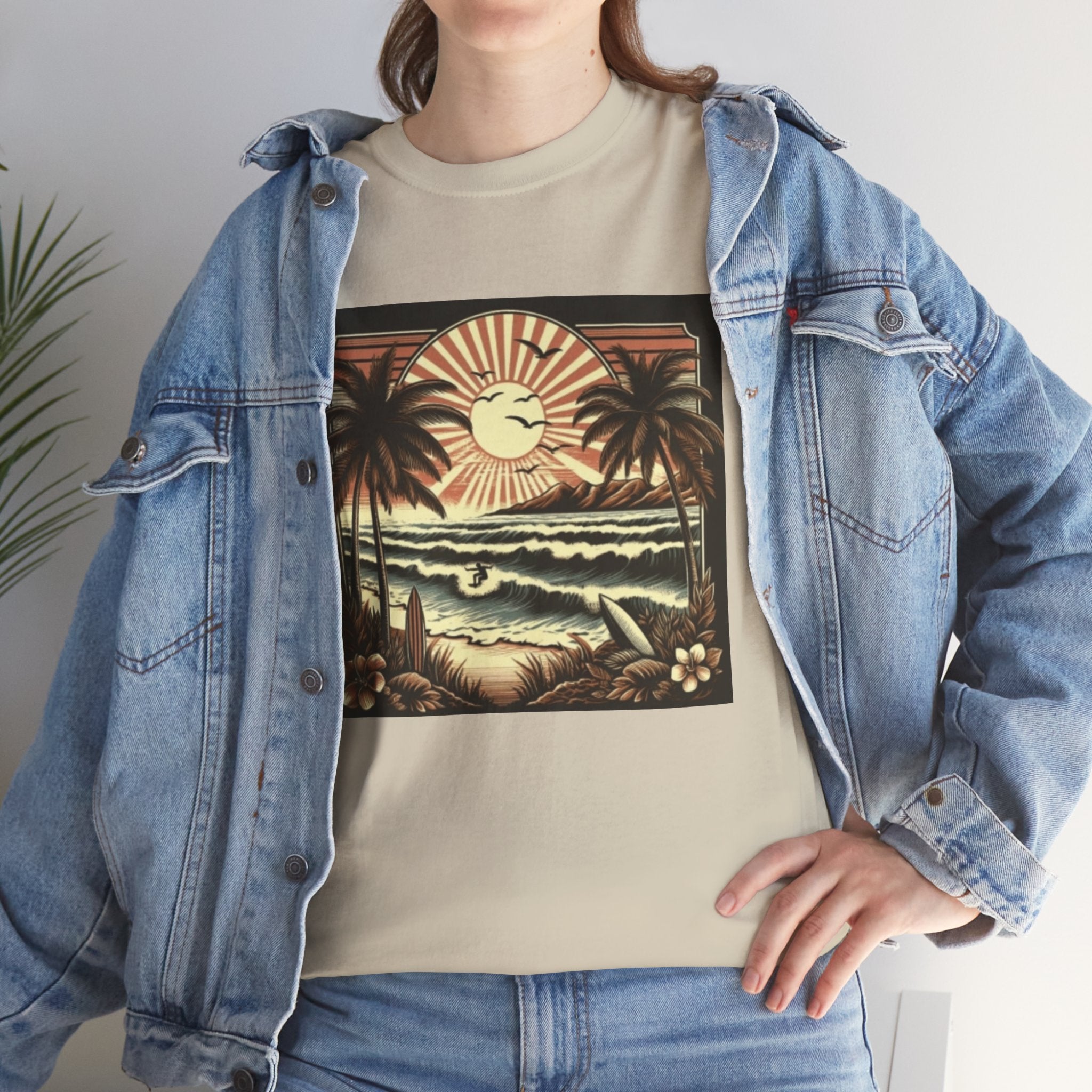 Retro Tropical Beach T-Shirt — Vintage Palm Sunset Graphic Tee