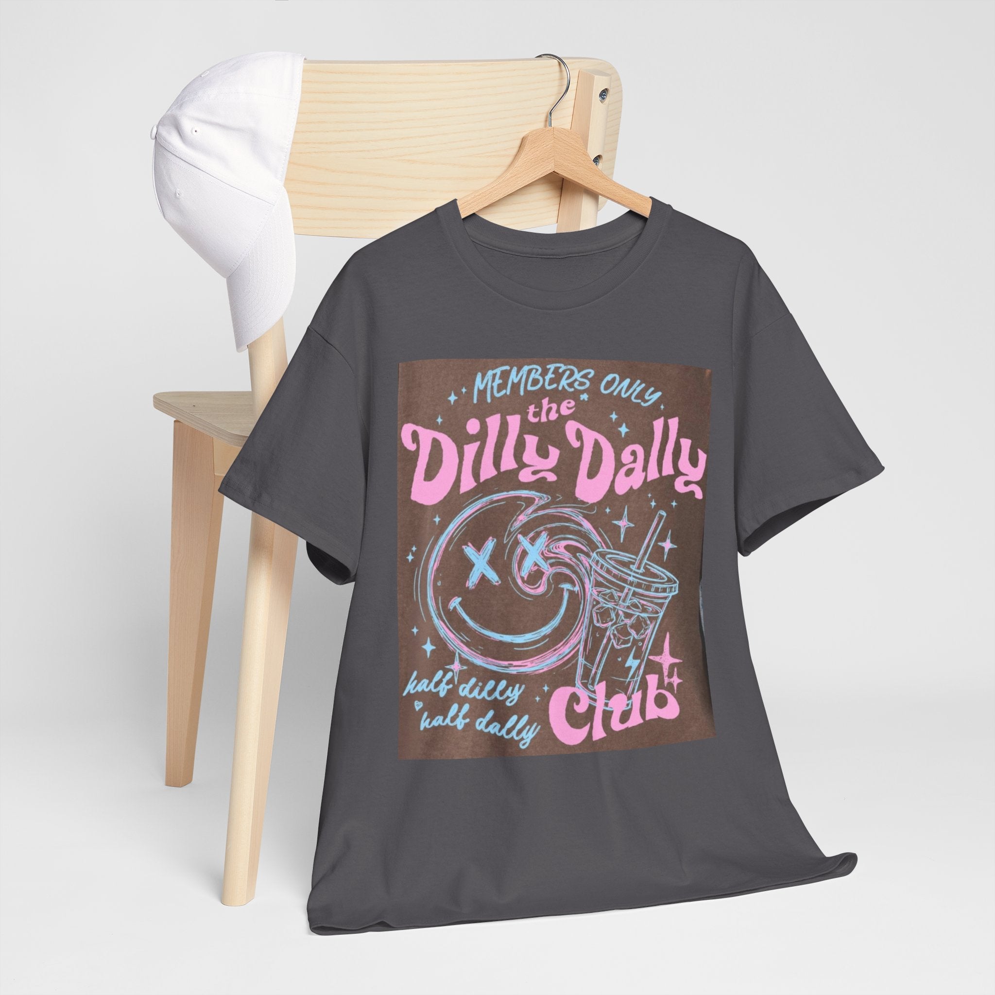 Dilly Dally Club Graphic Tee — Retro Pastel Drink & Moon Design