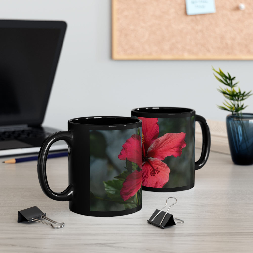 Hibiscus Floral Black Mug - Tropical Red Flower Coffee Cup (11oz/15oz)