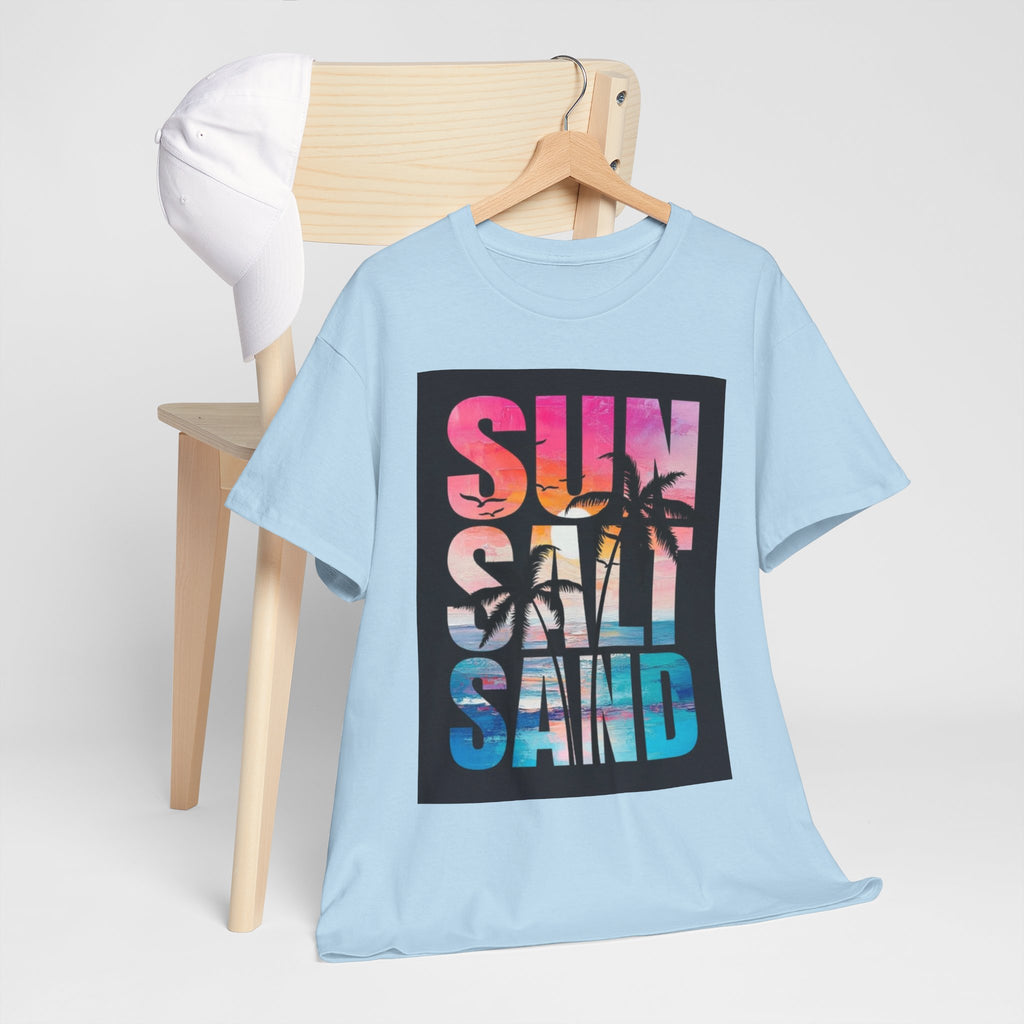 Sun Salt Sand Beach T-Shirt — Tropical Palm Sunset Graphic Tee
