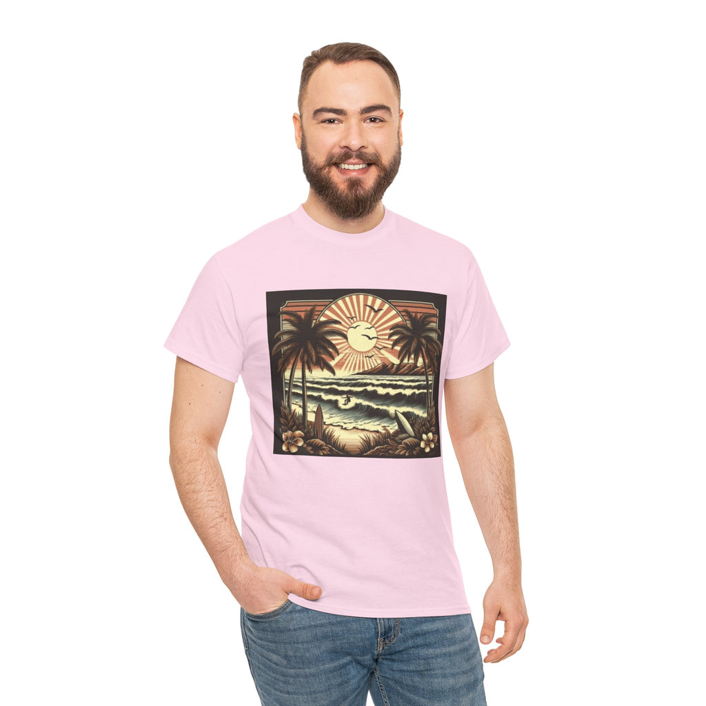 Retro Tropical Beach T-Shirt — Vintage Palm Sunset Graphic Tee