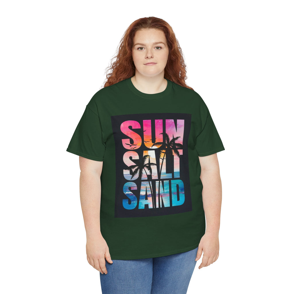 Sun Salt Sand Beach T-Shirt — Tropical Palm Sunset Graphic Tee
