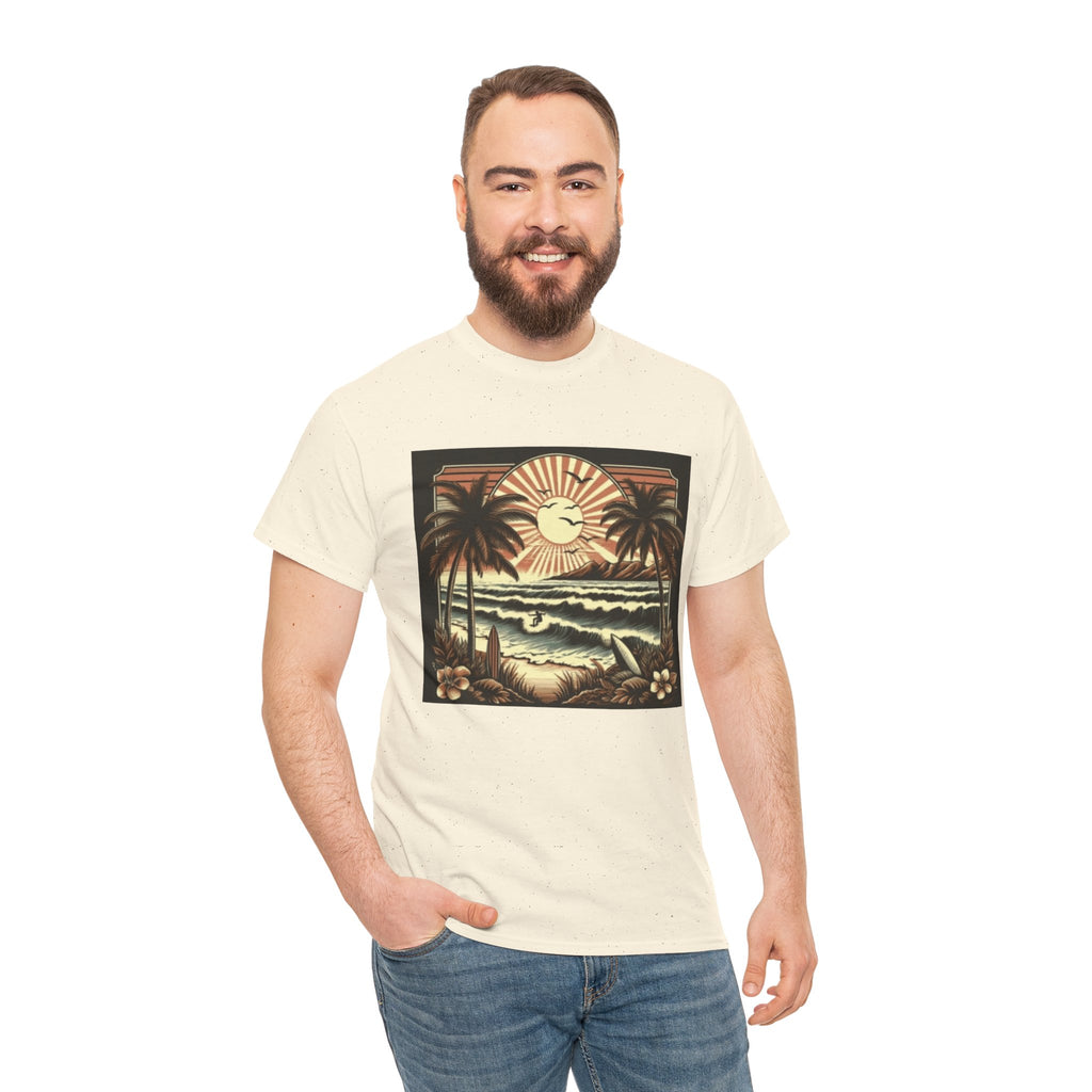 Retro Tropical Beach T-Shirt — Vintage Palm Sunset Graphic Tee