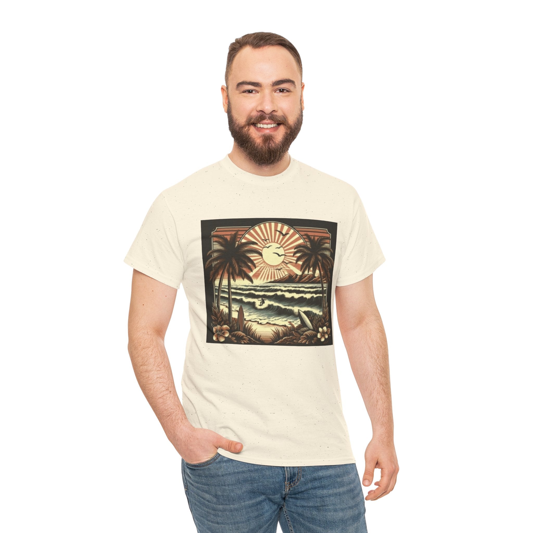 Retro Tropical Beach T-Shirt — Vintage Palm Sunset Graphic Tee