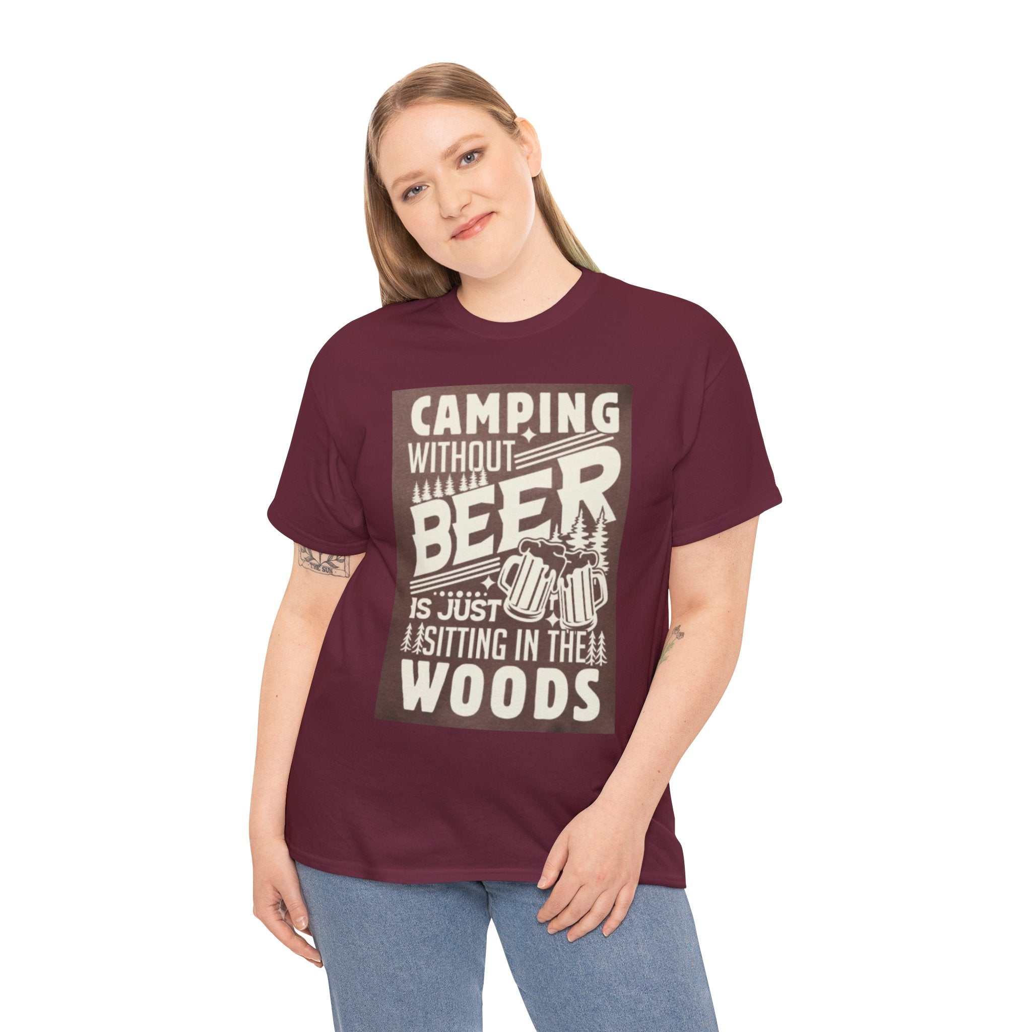 Camping Beer T-Shirt — "Camping Without Beer Is Just Sitting in the Woods" Outdoor Campfire Tee