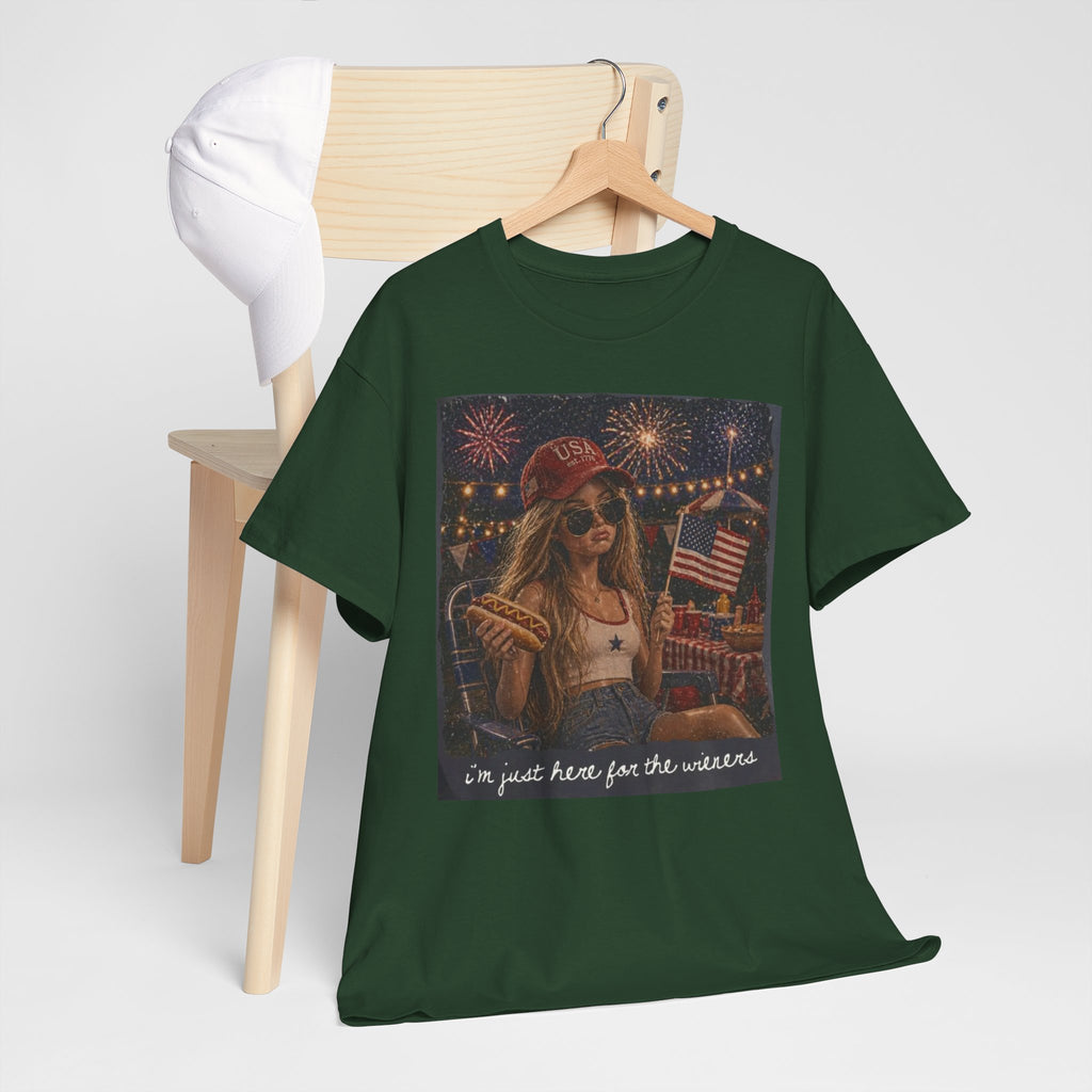 Patriotic Girl Graphic Tee — "I'm Just Here for the Fireworks" 4th of July Shirt