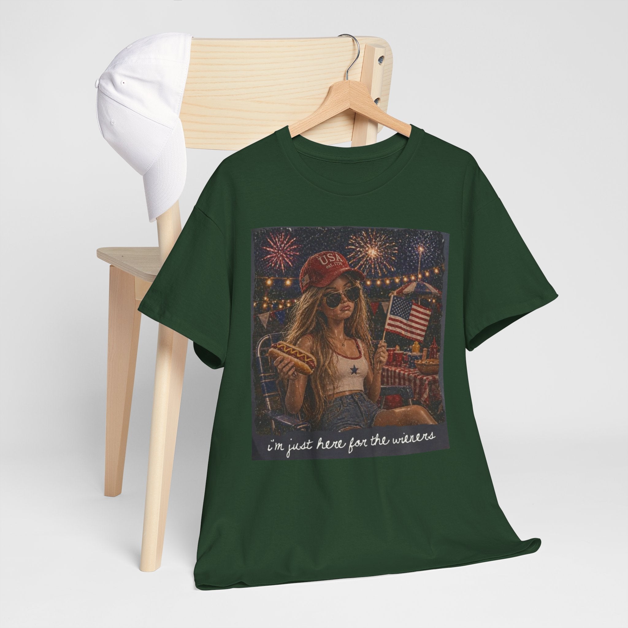 Patriotic Girl Graphic Tee — "I'm Just Here for the Fireworks" 4th of July Shirt