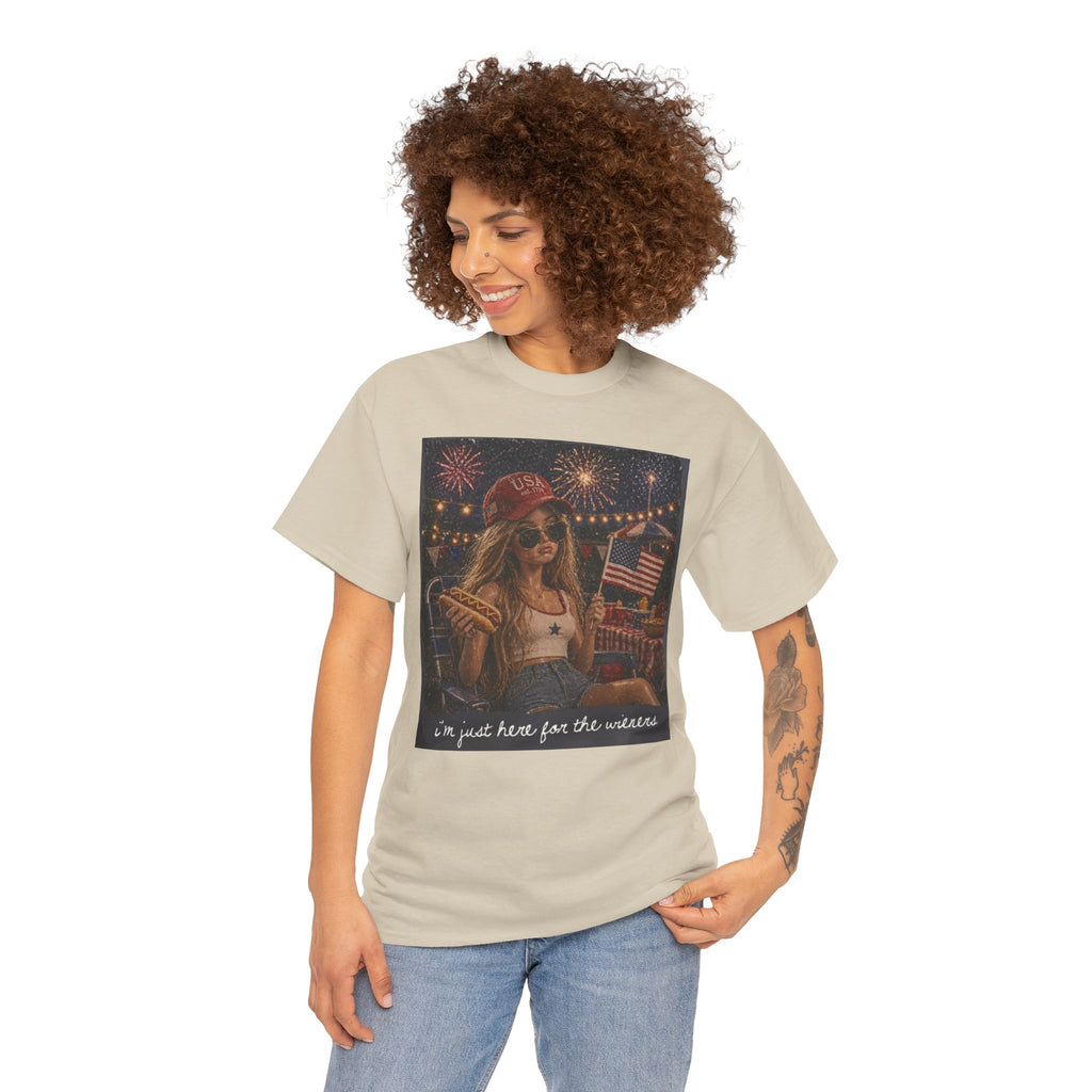 Patriotic Girl Graphic Tee — "I'm Just Here for the Fireworks" 4th of July Shirt