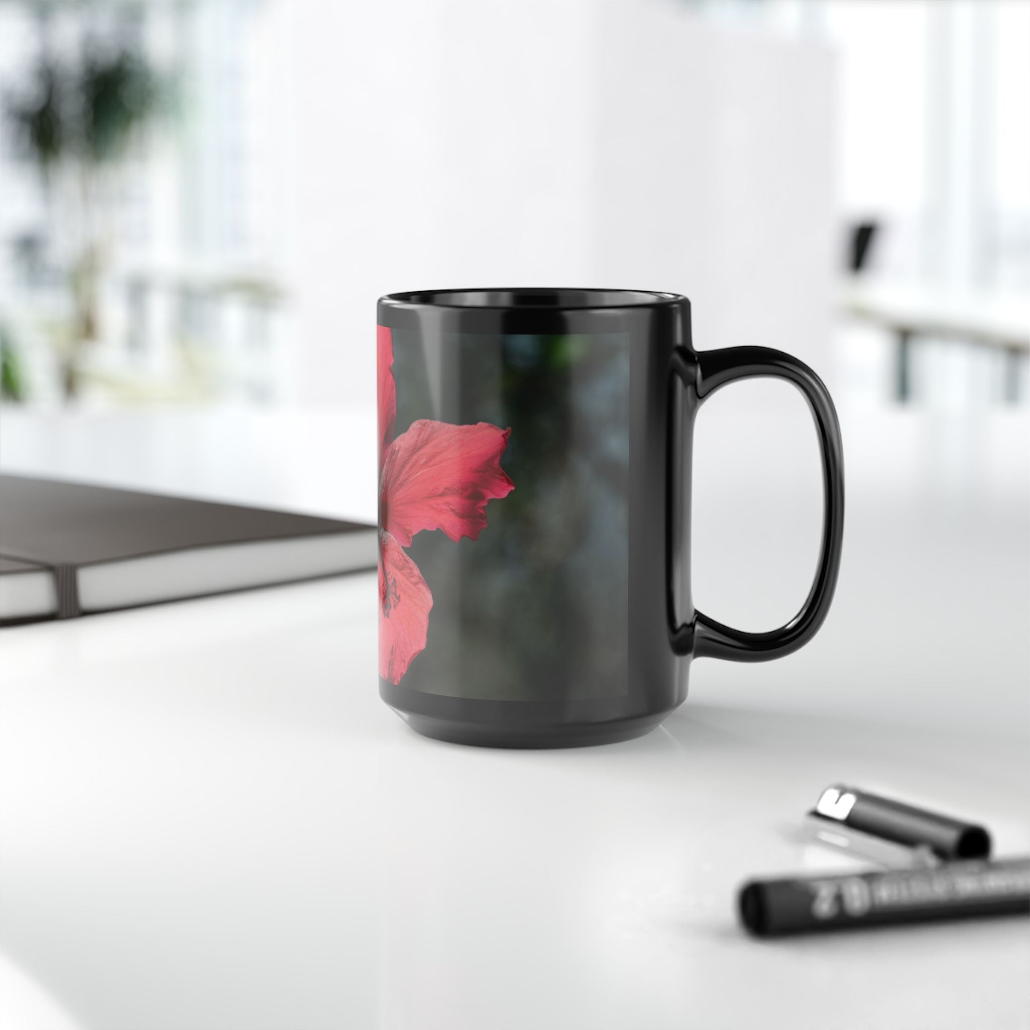 Hibiscus Floral Black Mug - Tropical Red Flower Coffee Cup (11oz/15oz)