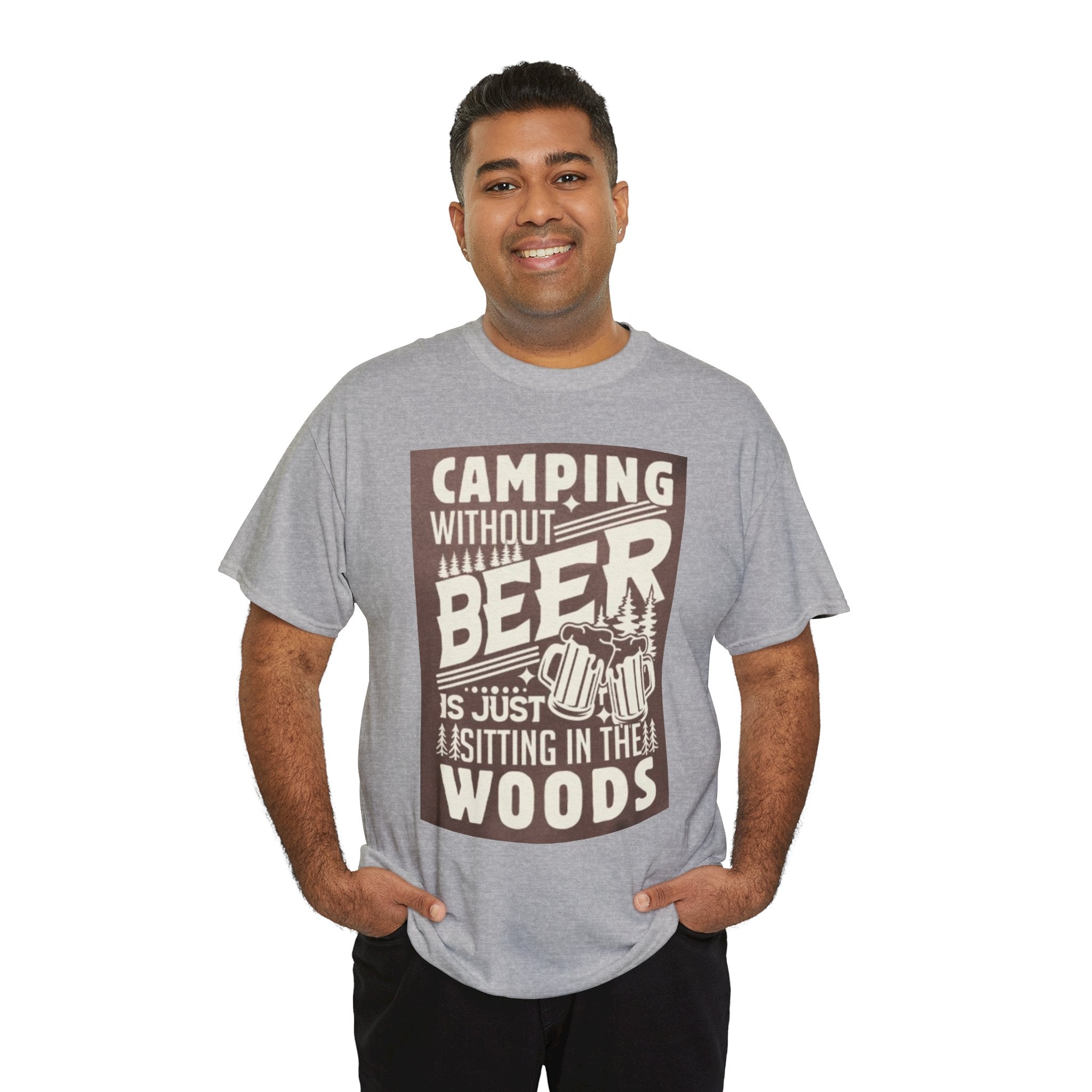 Camping Beer T-Shirt — "Camping Without Beer Is Just Sitting in the Woods" Outdoor Campfire Tee