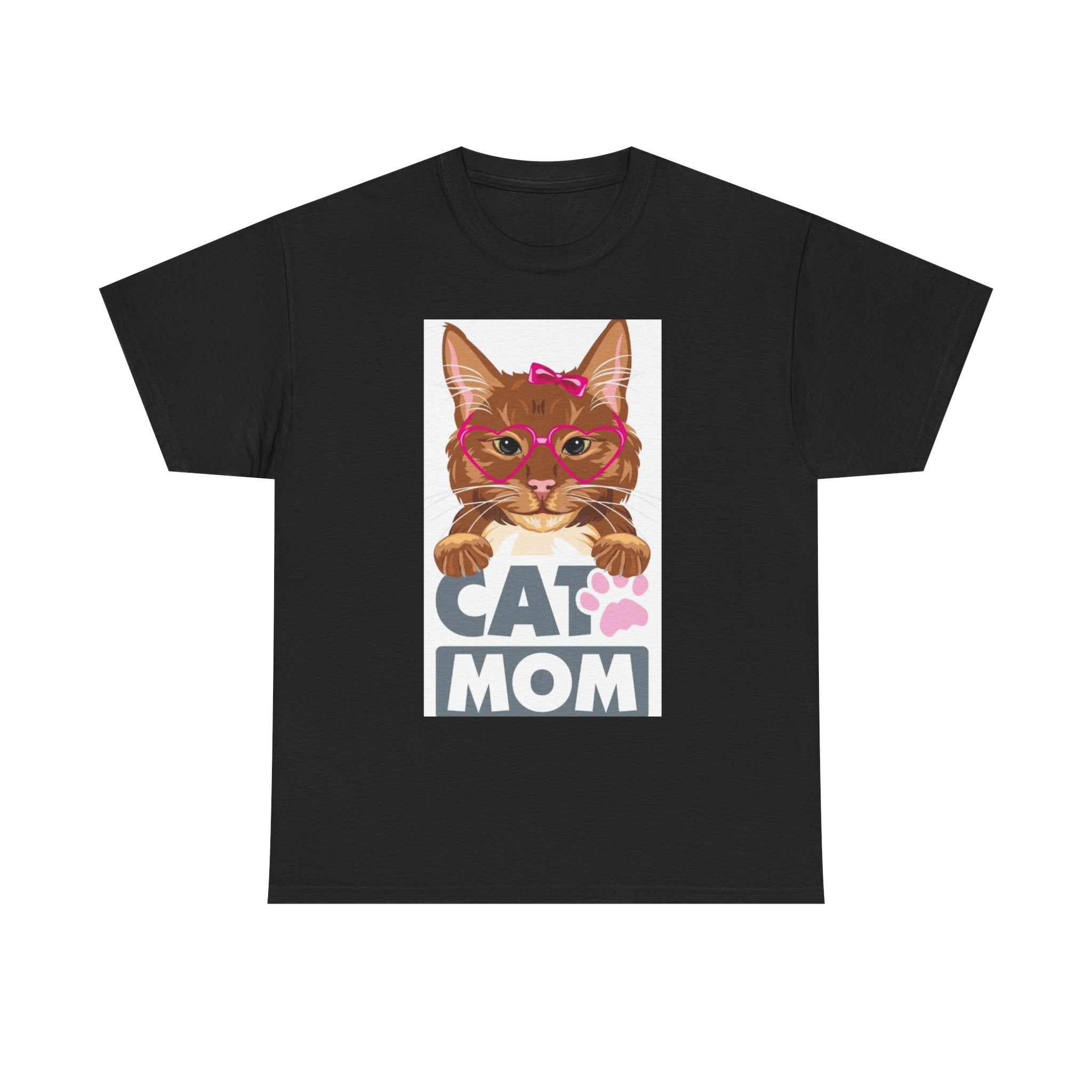 Cat Mom T-Shirt — Cute Cat Face Graphic Tee with "CAT MOM" Paw Print
