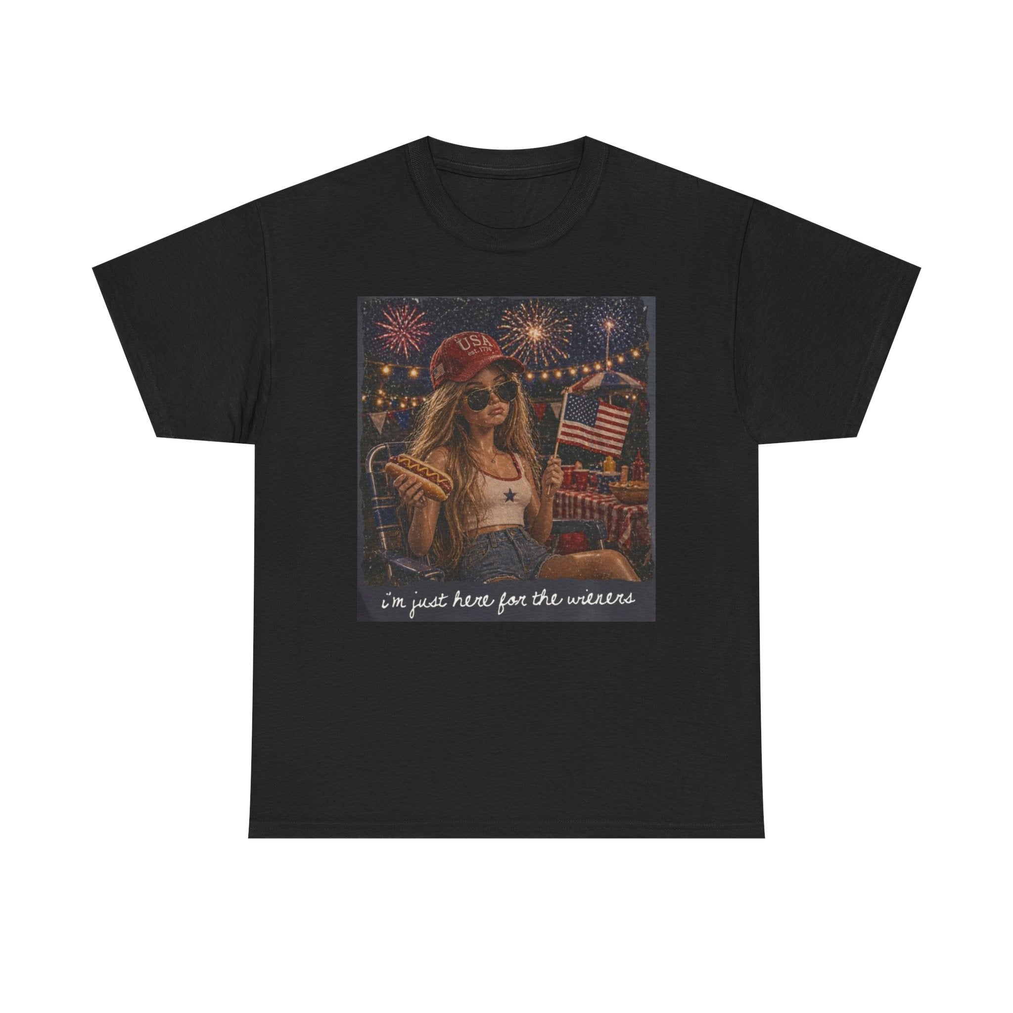 Patriotic Girl Graphic Tee — "I'm Just Here for the Fireworks" 4th of July Shirt