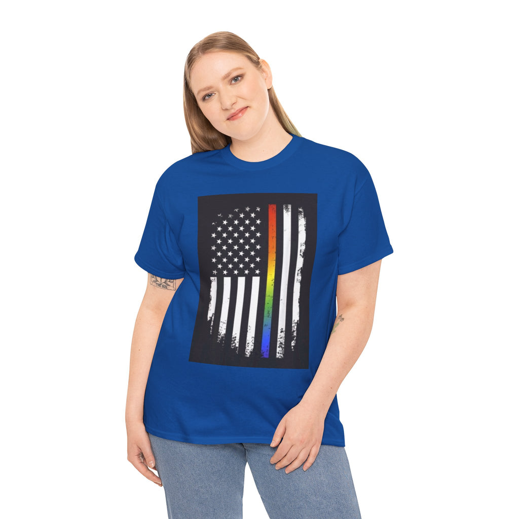 LGBTQ+ Pride Flag T‑Shirt — Distressed American Flag with Rainbow Stripe