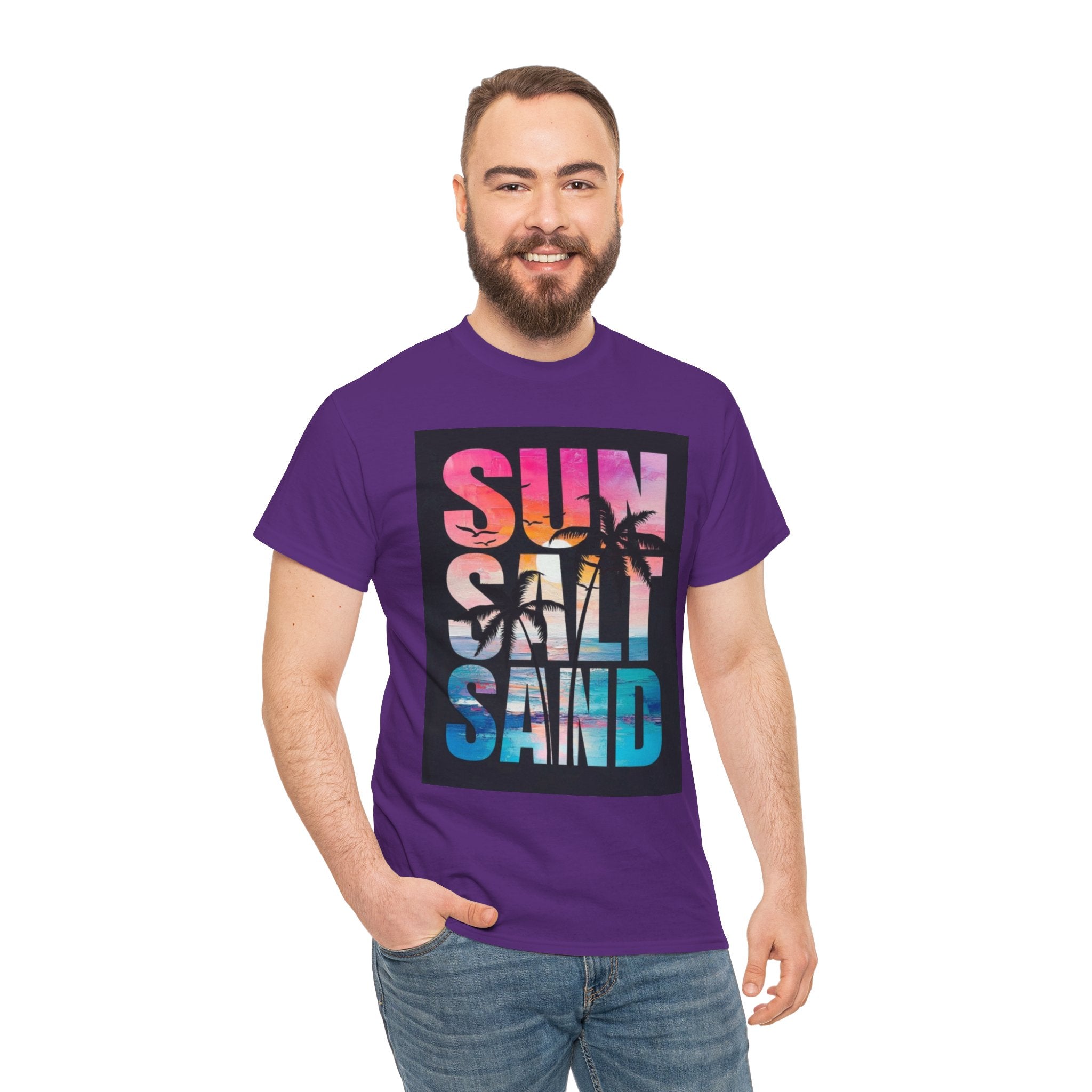 Sun Salt Sand Beach T-Shirt — Tropical Palm Sunset Graphic Tee