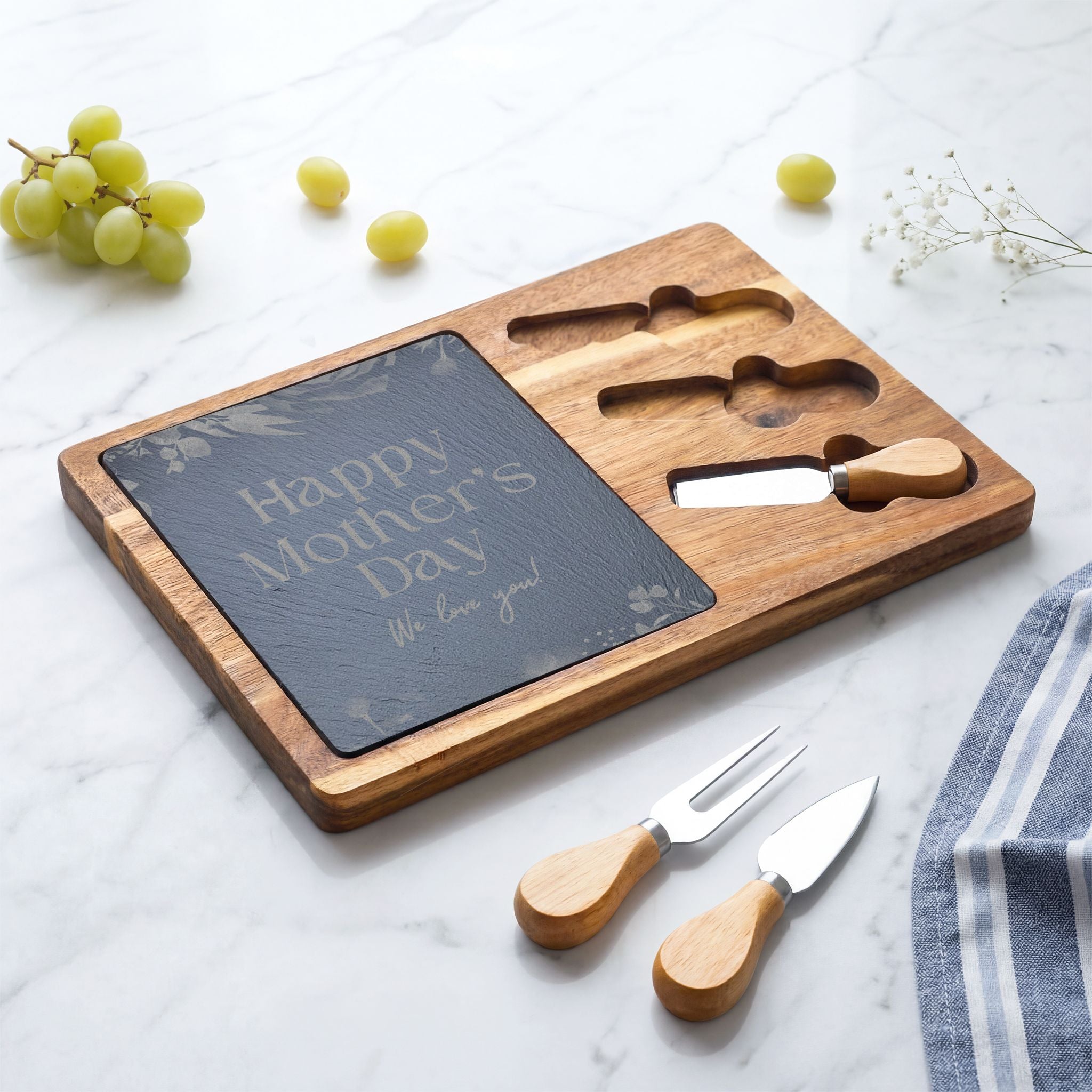 Engraved Mother's Day Charcuterie Board Set — Bamboo Cheese Board with Slate Inlay & Cheese Knives