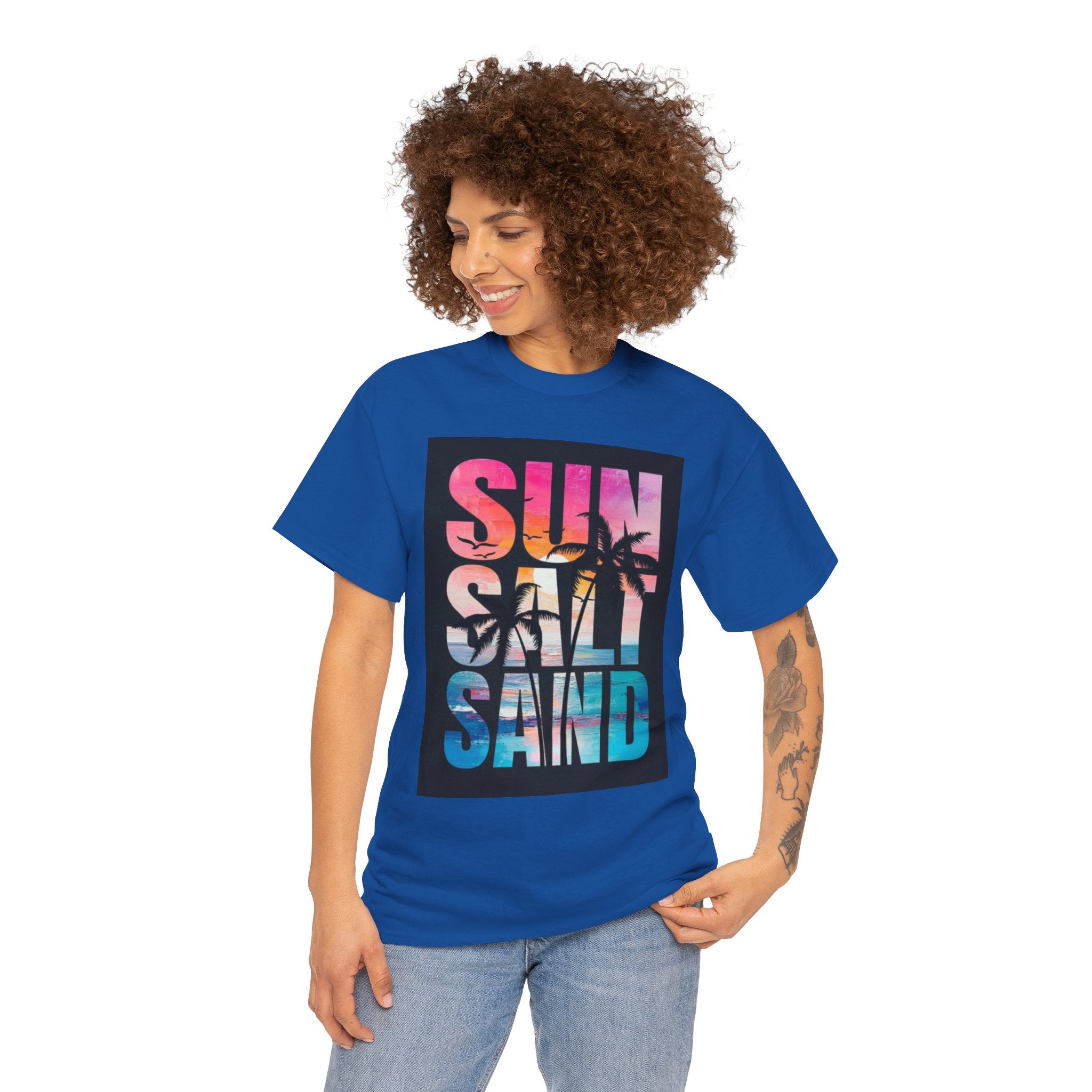 Sun Salt Sand Beach T-Shirt — Tropical Palm Sunset Graphic Tee