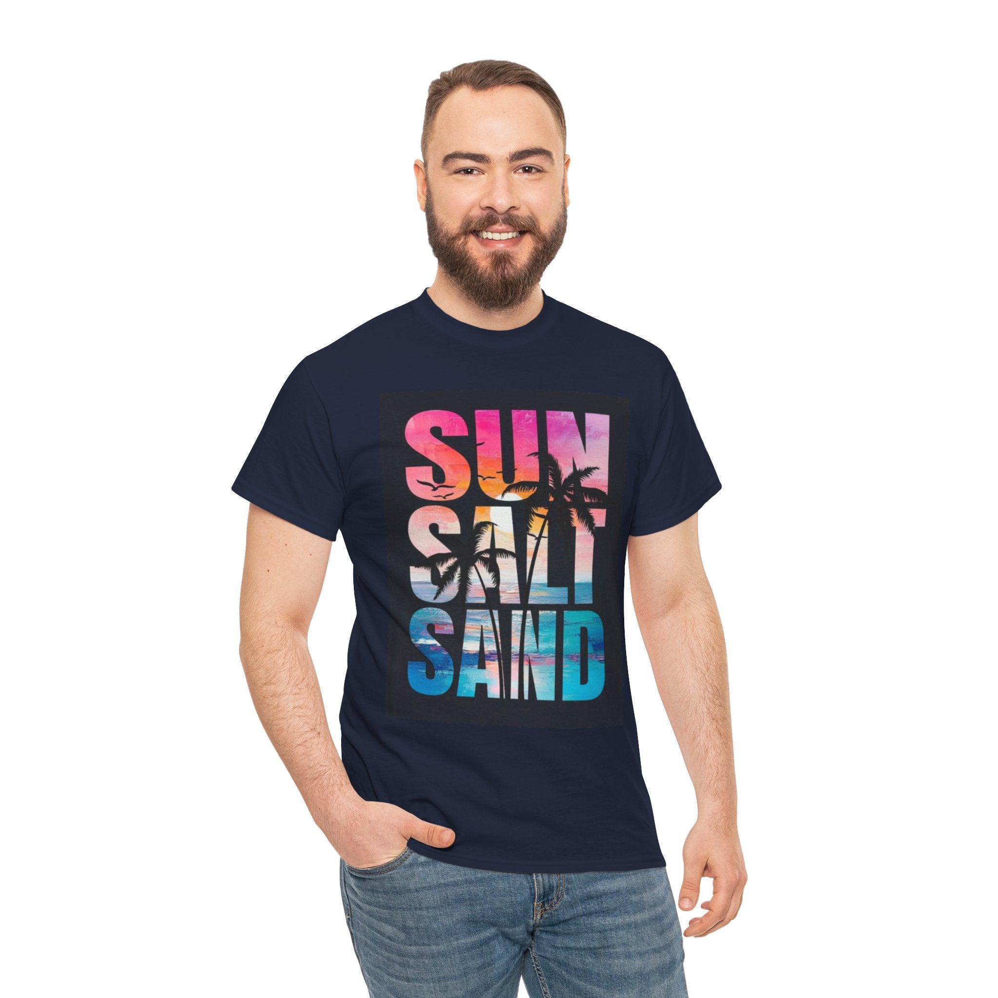 Sun Salt Sand Beach T-Shirt — Tropical Palm Sunset Graphic Tee
