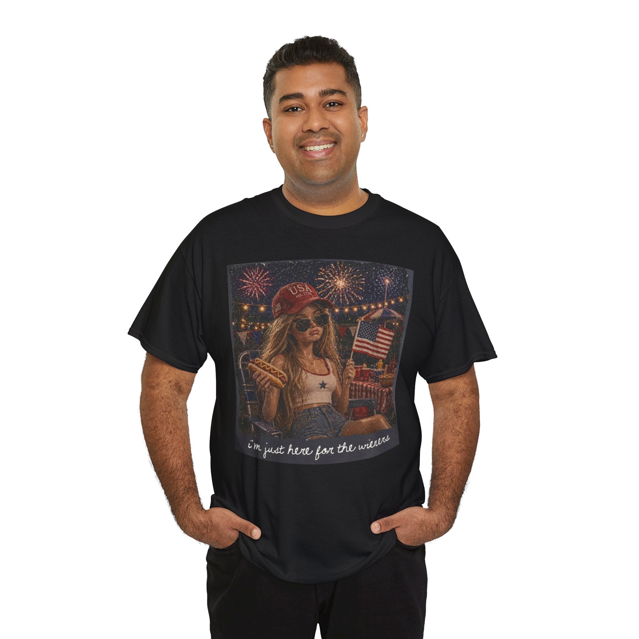 Patriotic Girl Graphic Tee — "I'm Just Here for the Fireworks" 4th of July Shirt