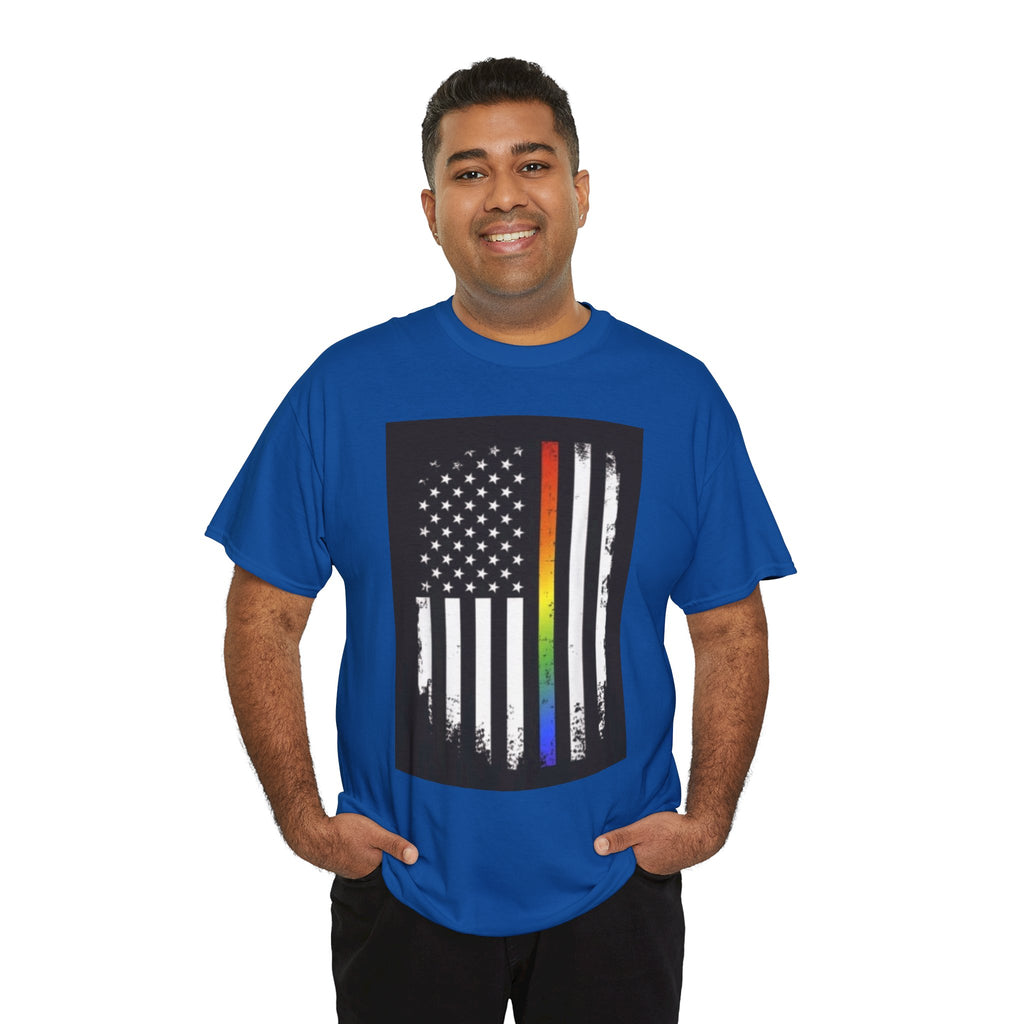 LGBTQ+ Pride Flag T‑Shirt — Distressed American Flag with Rainbow Stripe