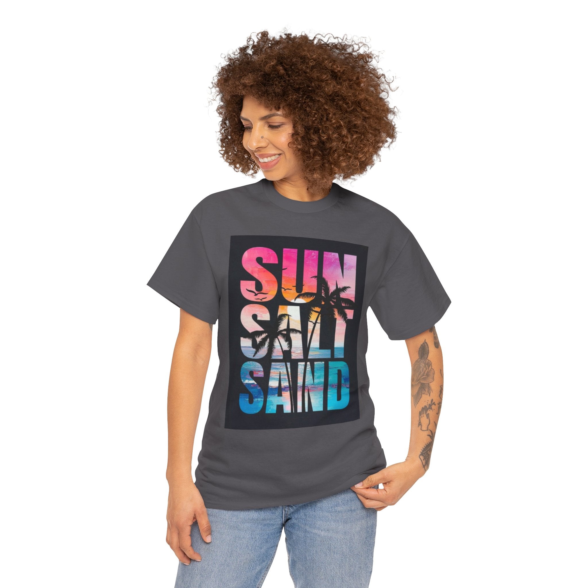 Sun Salt Sand Beach T-Shirt — Tropical Palm Sunset Graphic Tee