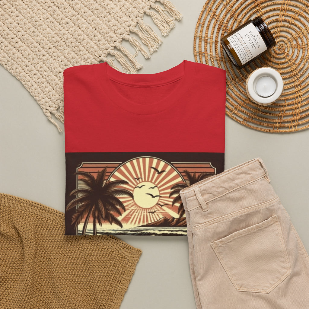 Retro Tropical Beach T-Shirt — Vintage Palm Sunset Graphic Tee