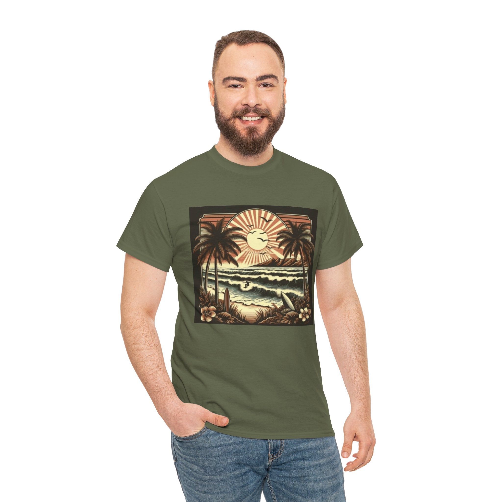 Retro Tropical Beach T-Shirt — Vintage Palm Sunset Graphic Tee