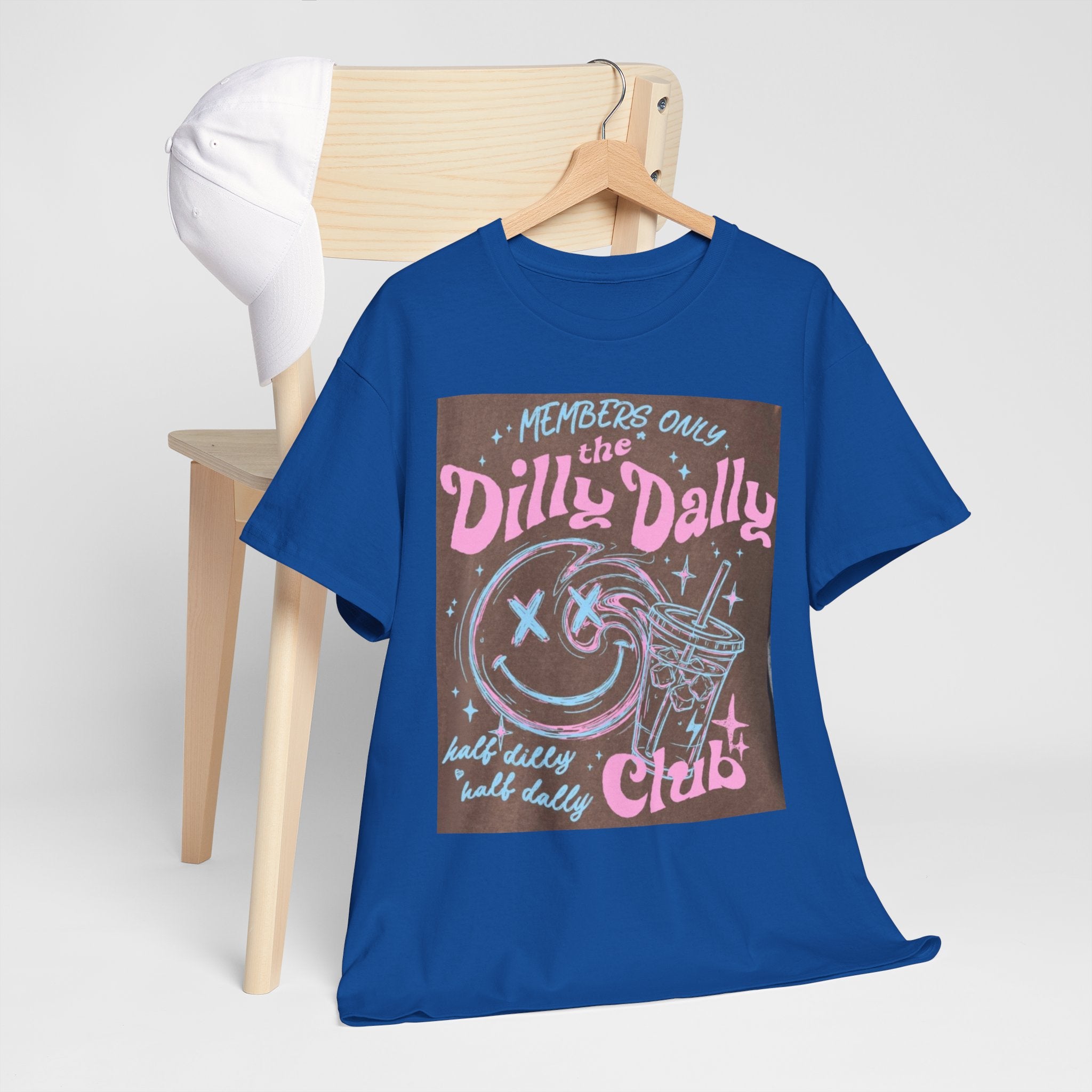 Dilly Dally Club Graphic Tee — Retro Pastel Drink & Moon Design